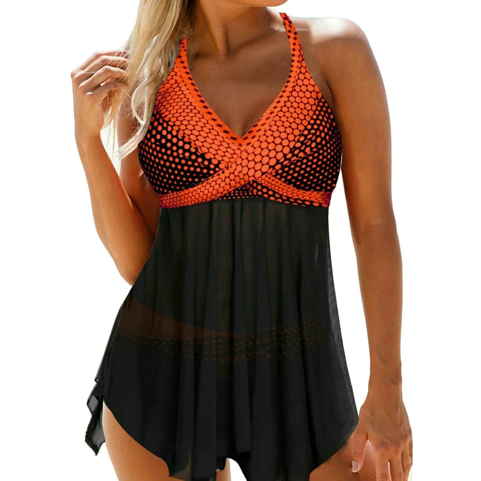 Maillot de bain deux pièces à pois pour femme ronde | Bikini col en V orange grande taille XXXL