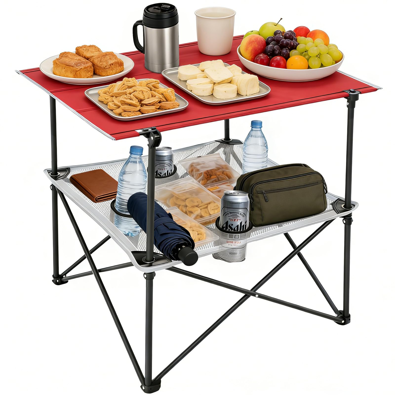 SUNNYFEEL 2-Tier Folding Camping Table- Collapsible Portable Beach Table with 4 Cup Holders &amp; Carry Bags, Outdoor Picnic Table for Outdoor Excursion Picnic, 110 LBS Capacity, Portable, Red