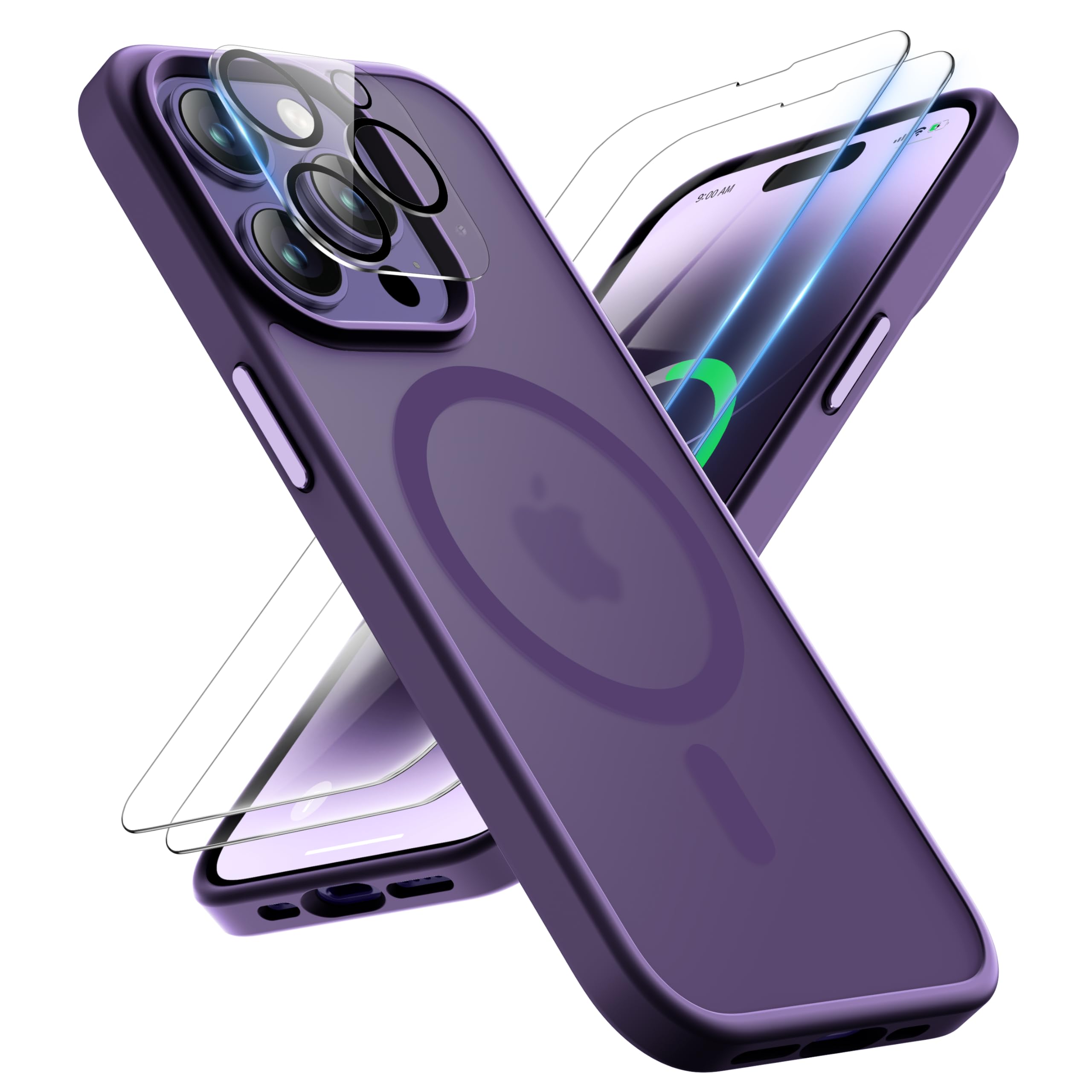 ORETECH Magnetica Cover per iPhone 14 Pro Max [Compatibile con MagSafe], con 2 Vetro Temperato e 1 Vetro Fotocamera, Custodia Traslucida Opaca Antiurto Ultra Sottile Hard PC Silicone, Viola Scuro