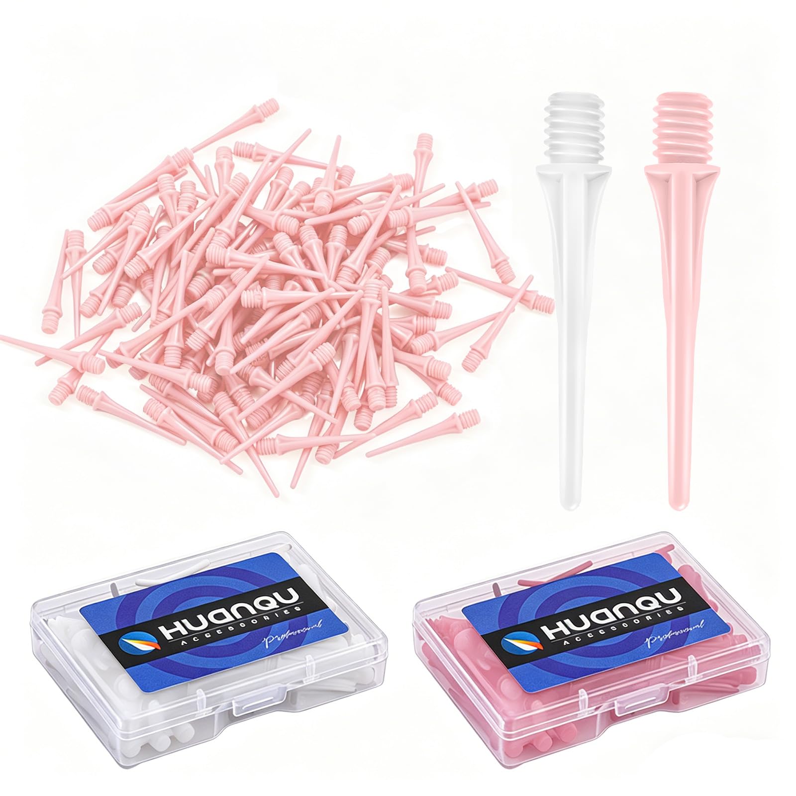 HUANQU 200pcs Dart Points Pink+White Soft Tip Dart Tips with 2 Storage Cases, 2BA Replacement Dart Points for Soft Tip Darts Board, Darts for Electronic Dart Board, Durable Darts Accessories