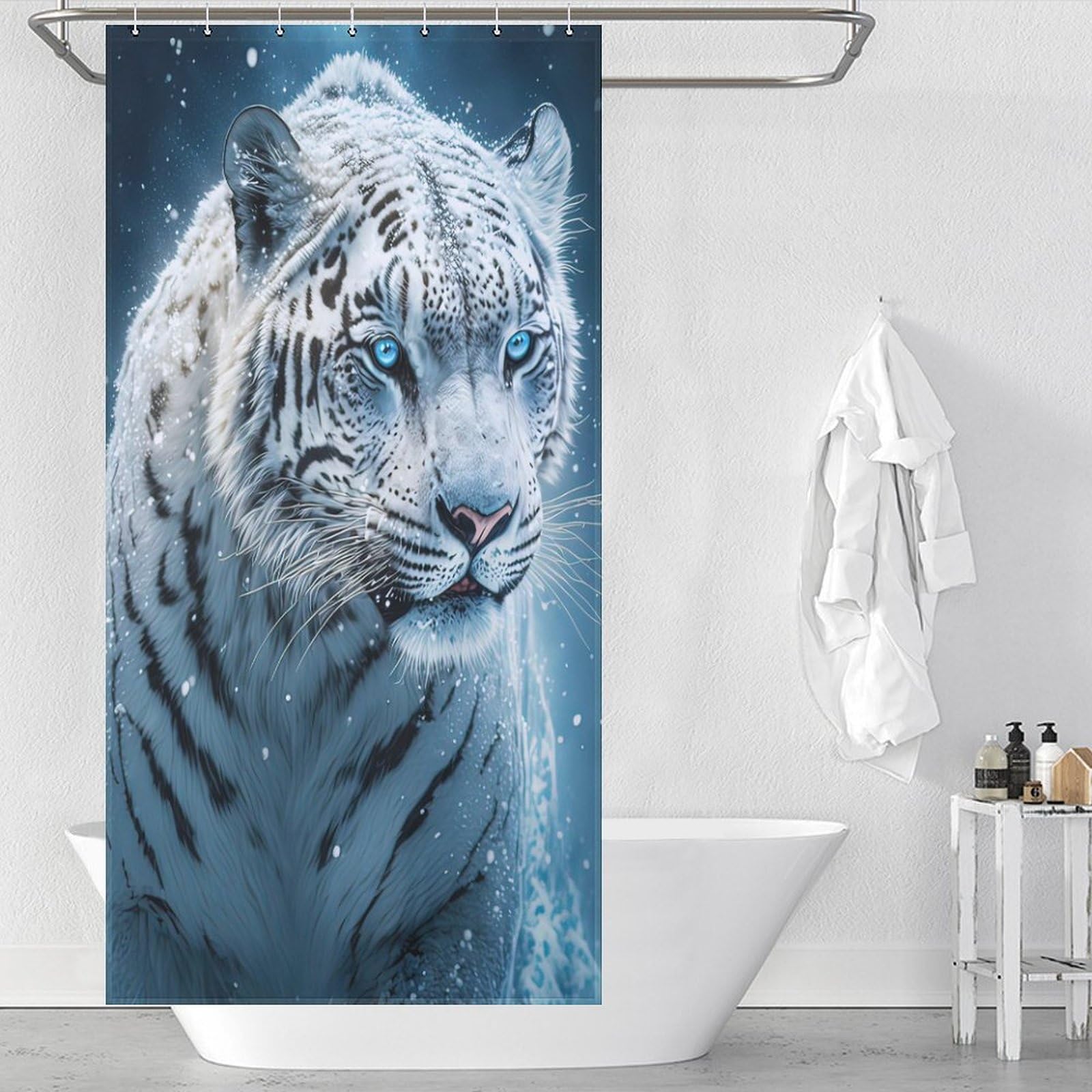 Rideau de douche tigre blanc 92x183 cm imperméable en polyester lavable pour baignoire