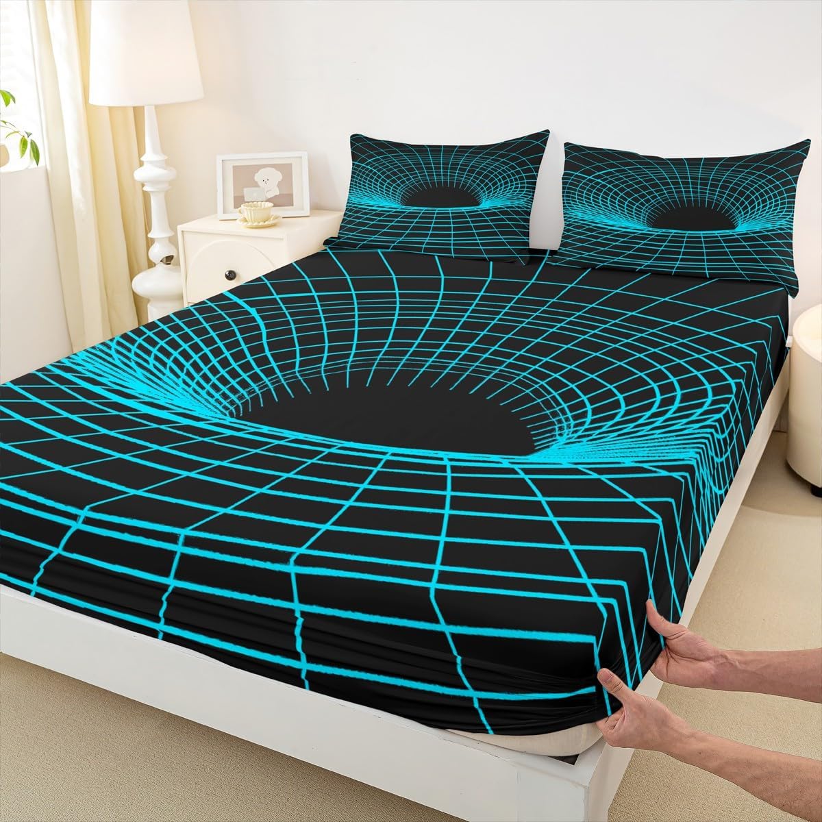 Geometric Art Bedding Set Twin Size Blue Neon Bed Set for Girls Teens Bedroom Decor Kids Stripe Grid Fitted Sheet Soft Microfiber Modern Geometric Bed Cover(1 Fitted Sheet+1 Pillow Case)