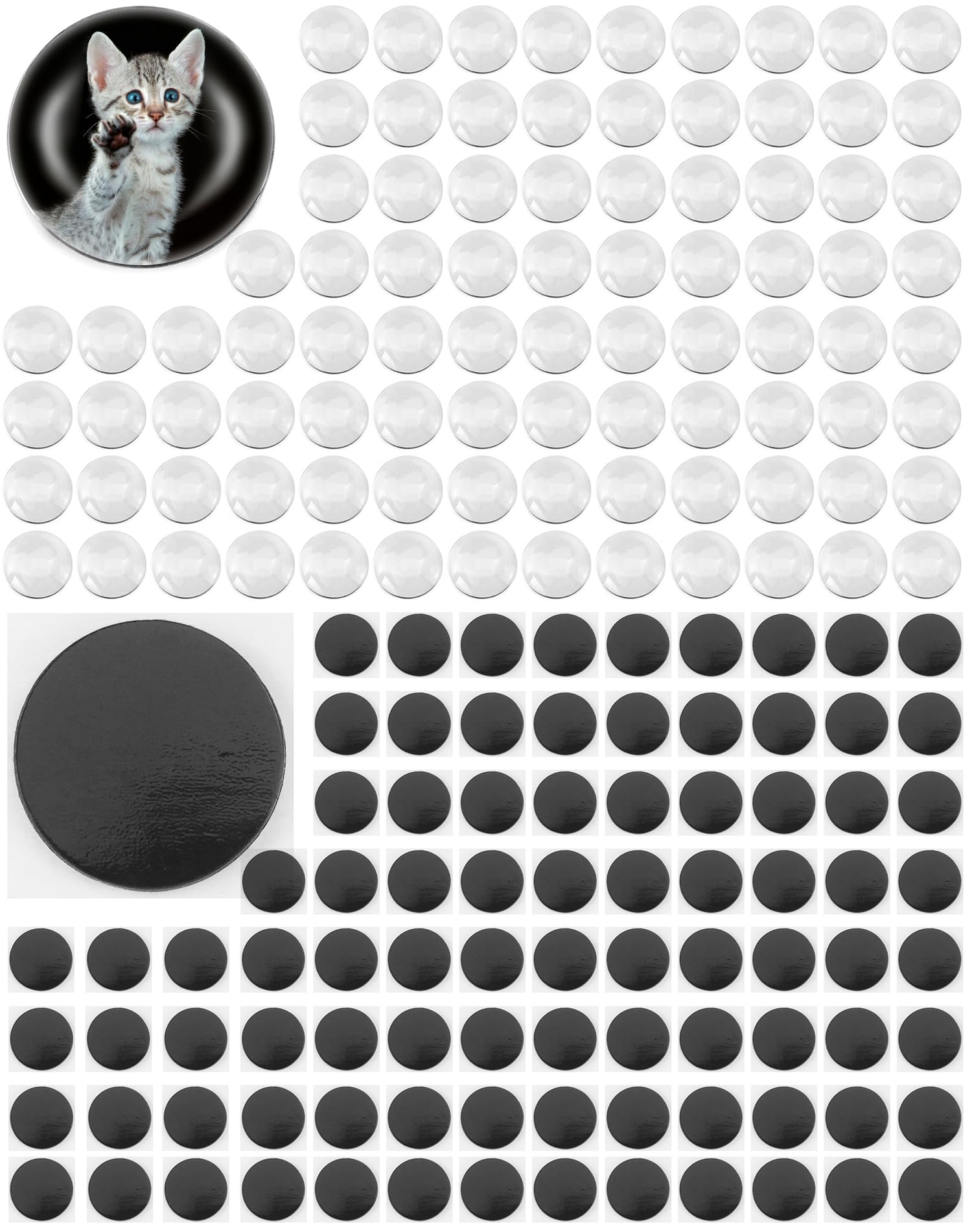 QWORK® 180PCS Transparent Glass Cabochons and Round Craft Magnets with Adhesive Back, Small Refrigerator Magnets and Cabochon Domes for DIY Craft Fridge Kitchen Office (25 mm)