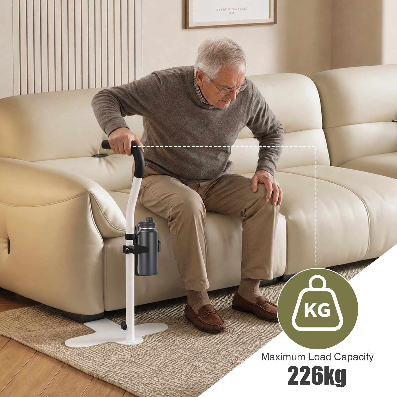 Asidero para personas mayores, con 6 posiciones de ajuste de altura (62 a 87 cm), mango de espuma de poliuretano y soporte para bebidas, sin taladrar, soporta hasta 226 kg, para sofá, cama y inodoro