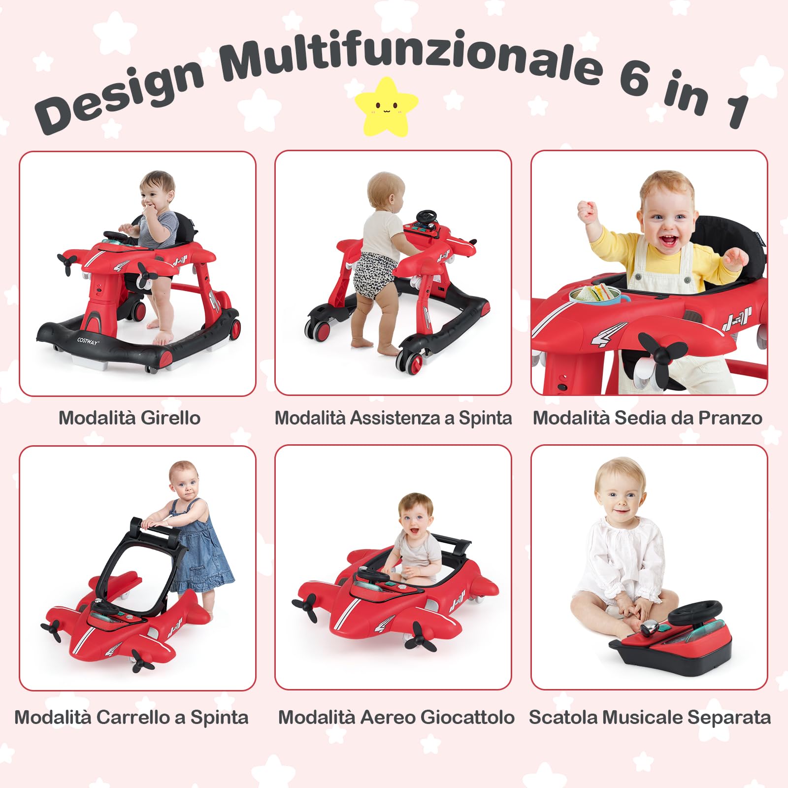 RELAX4LIFE Girello per Bambini 6-in-1, con Altezza e Velocità Regolabili, Seggiolino Imbottito, Musica, Luci, Ruote, a Aeroplano, Giocattolo per Bambini di 6-18 Mesi (ROSSO)
