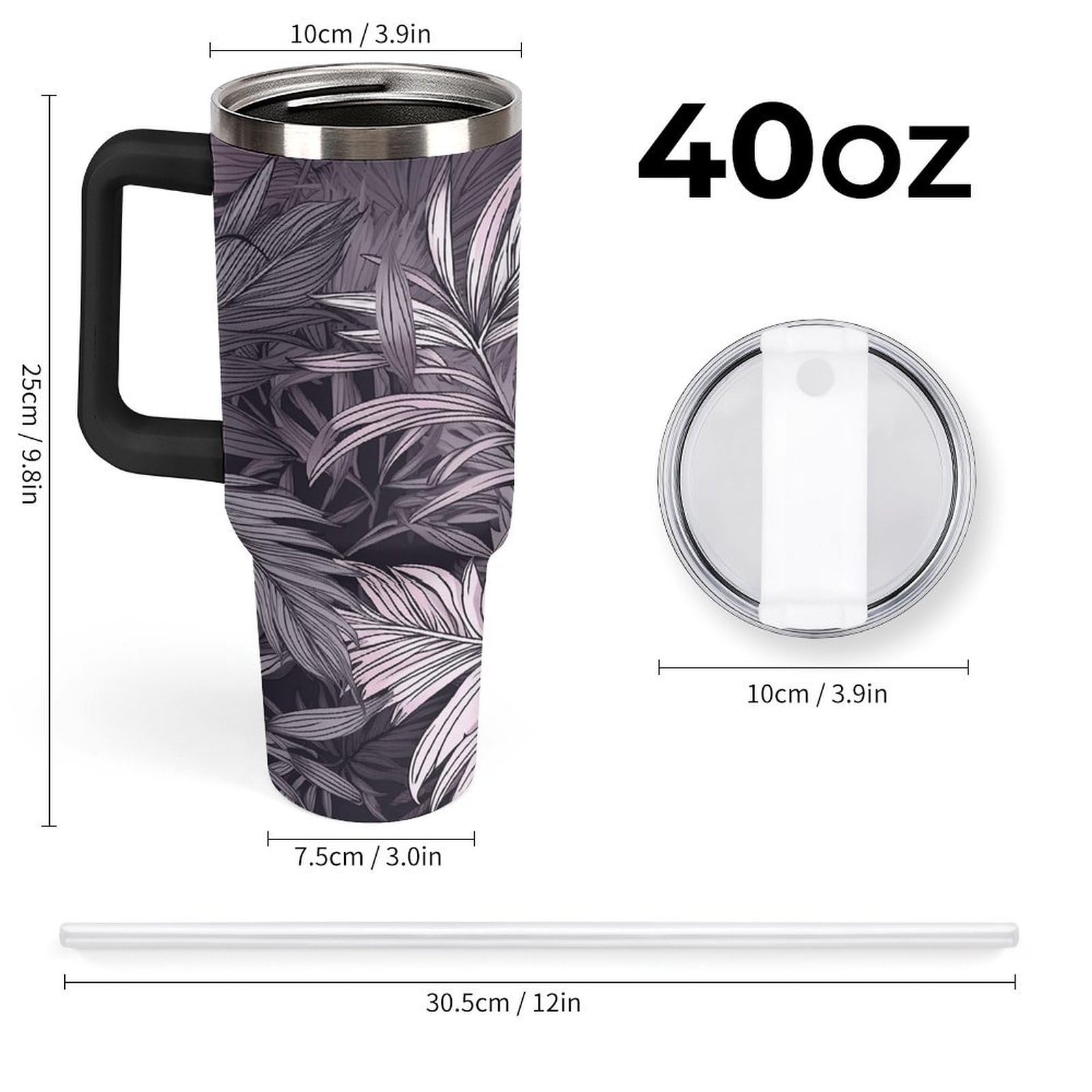 Tazas de hojas de palma moradas con popote y asa, taza de café con aislamiento al vacío de doble pared, botellas de agua para café helado, té, bebida caliente y fría