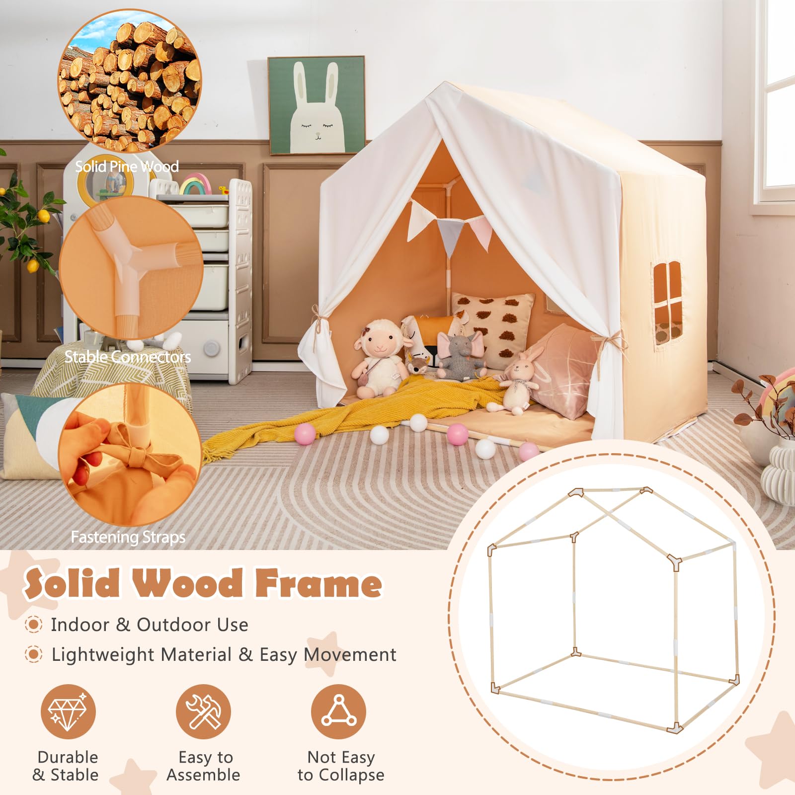HOMASIS Tienda de campaña Infantil de Interior, Tienda de Juego con colchoneta y Cortina y Banderas, casita de Juego de Estructura de Madera para niños de 3+ años, 131 x 91 x 131 cm (Marrón)