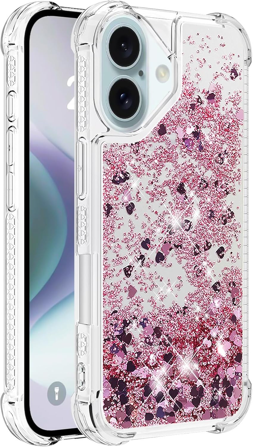 Case for iPhone 16 Plus Case Glitter Bling Liquid Cute Clear Phone Case,Floating Quicksand Shockproof Protective Bumper Soft TPU Cover for iPhone 16 Plus 6.7 inch Love Rose YB - Image 3