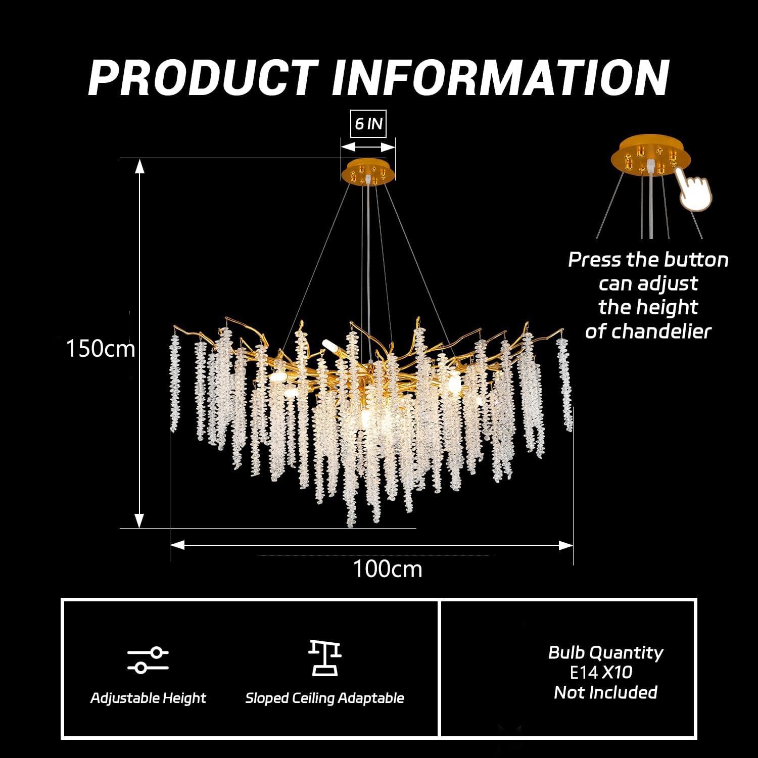 Lampadario Rettangolare A Rami Dorati Con Cristalli K9 | 10 Luci G9 | Luxus Design Art Déco Per Soggiorno E Sala Da Pranzo | L100cm – Fai Da Te E Regolabile - Foto 1