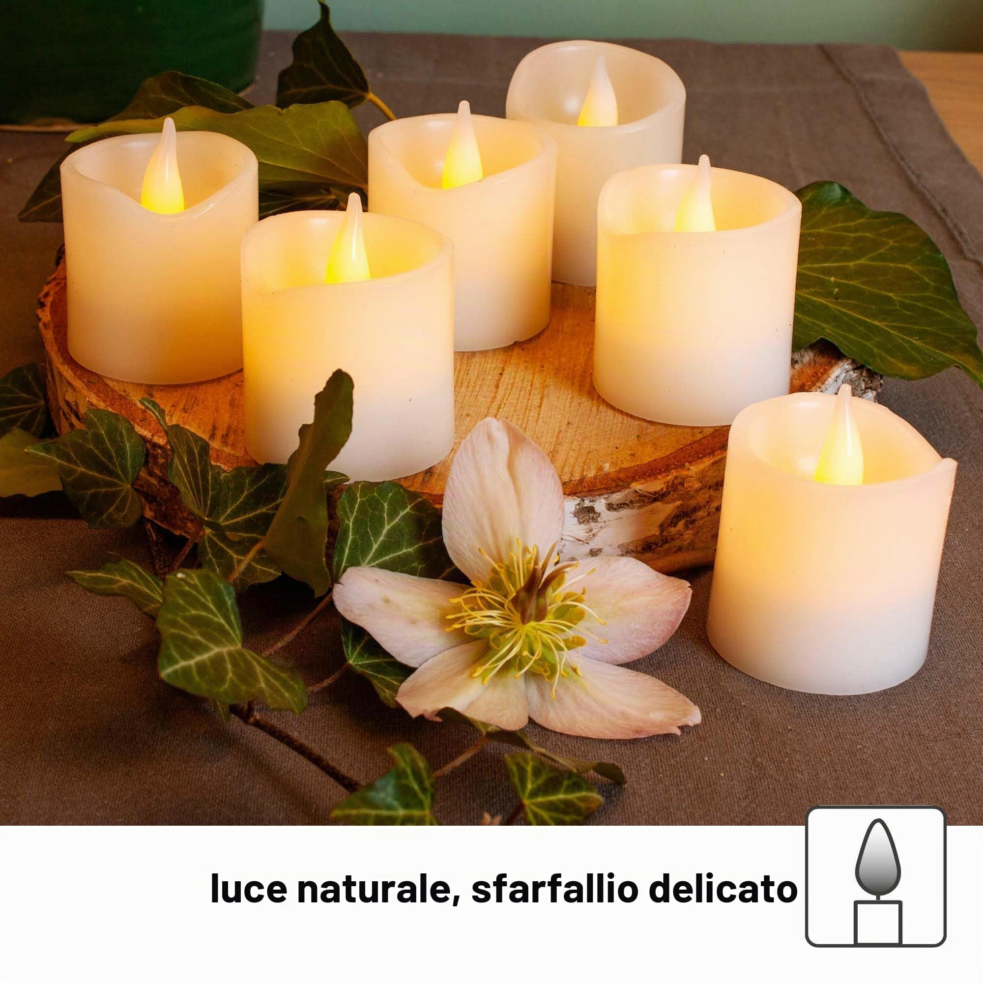 Hellum 6 candele a LED in vera cera, diametro 5 x 5 cm, funzionamento a batteria (6 x CR2032, incluse), per interni, decorazioni natalizie, candele di cera con LED bianco caldo 152760