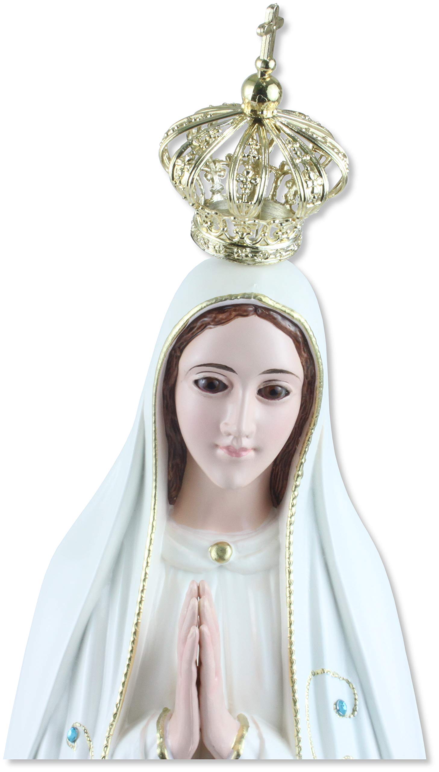 Estatua de la Virgen de Fátima de resina pintada a mano con ojos de cristal. Altura 55 cm