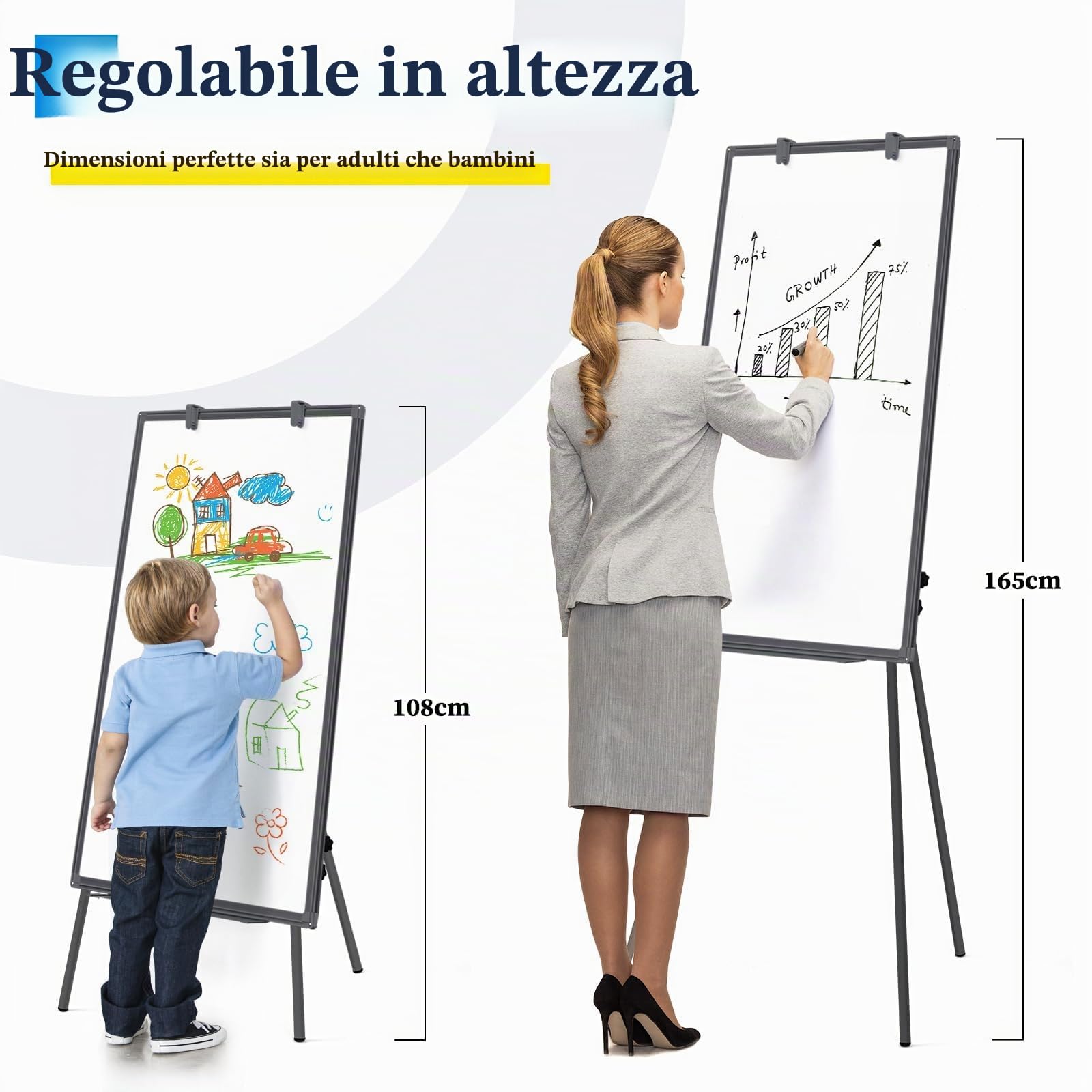 maxtek Lavagna Bianca Magnetica con Cavalletto, 90 x 60 cm Lavagna Cancellabile, Alluminio Supporto, Altezza Regolabile, per Ufficio o Insegnamento a Casa e in Aula