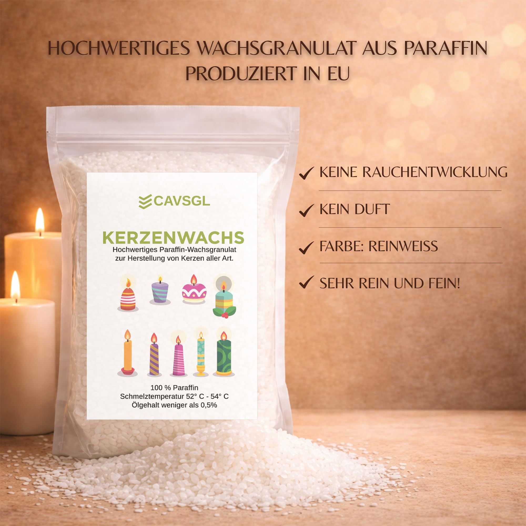 Kerzenwachs Granulat - 5 Kg - Weiß - in Pulverform zur Herstellung von Kerzen - Paraffin Wachsgranulat Hochrein - Made in Germany - CAVSGL