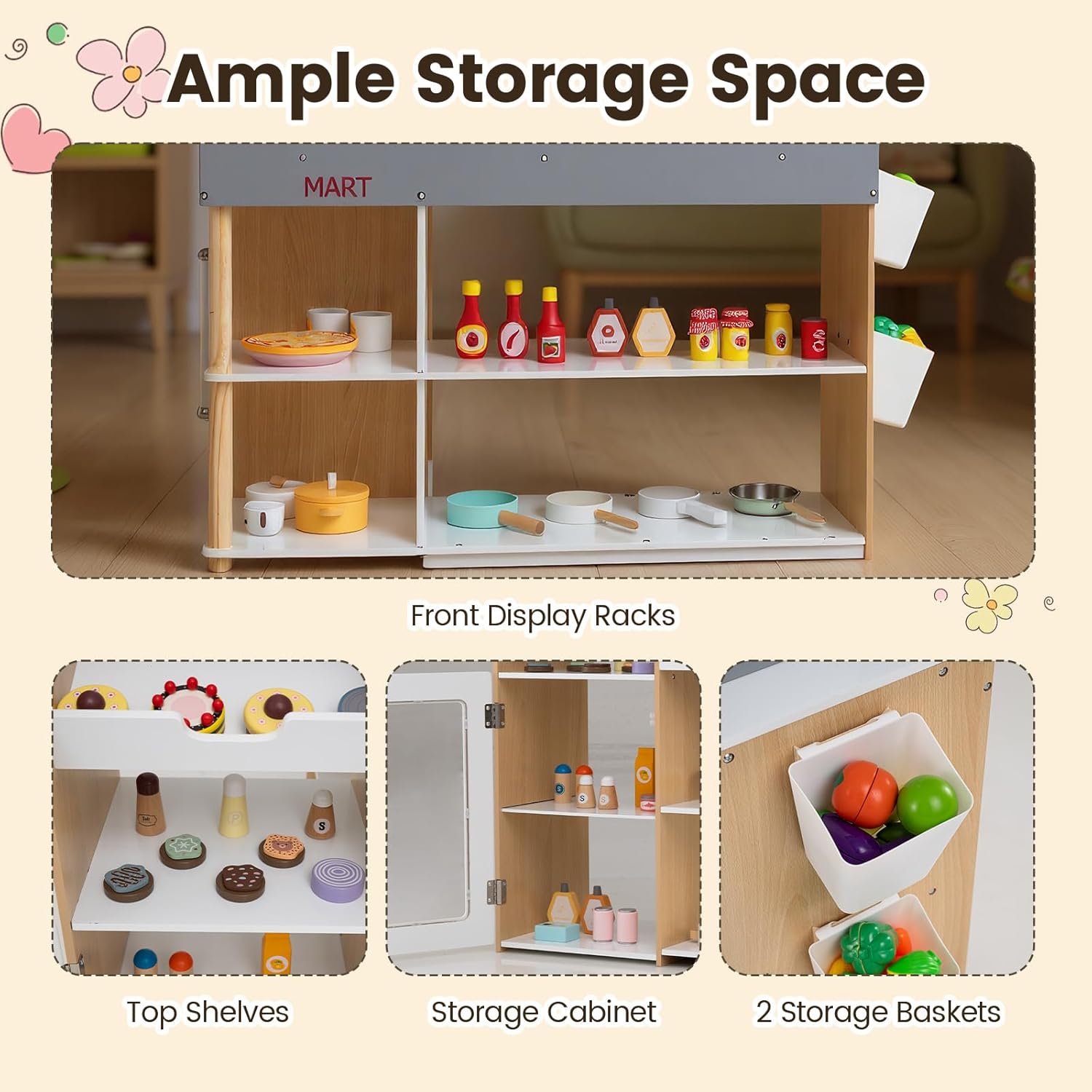 Image illustrating the ample storage space within the playset, including front display racks, top shelves, a storage cabinet, and two storage baskets for organizing play items.