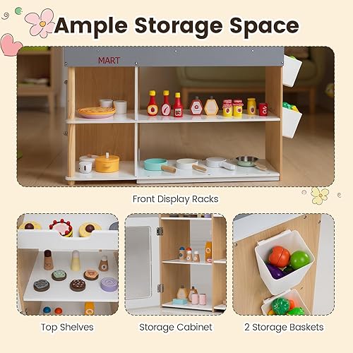 Miniatura 5 de Costzon Juego de simulación para tienda de comestibles, tienda de juegos de madera, juego de supermercado para niños pequeños con caja registradora