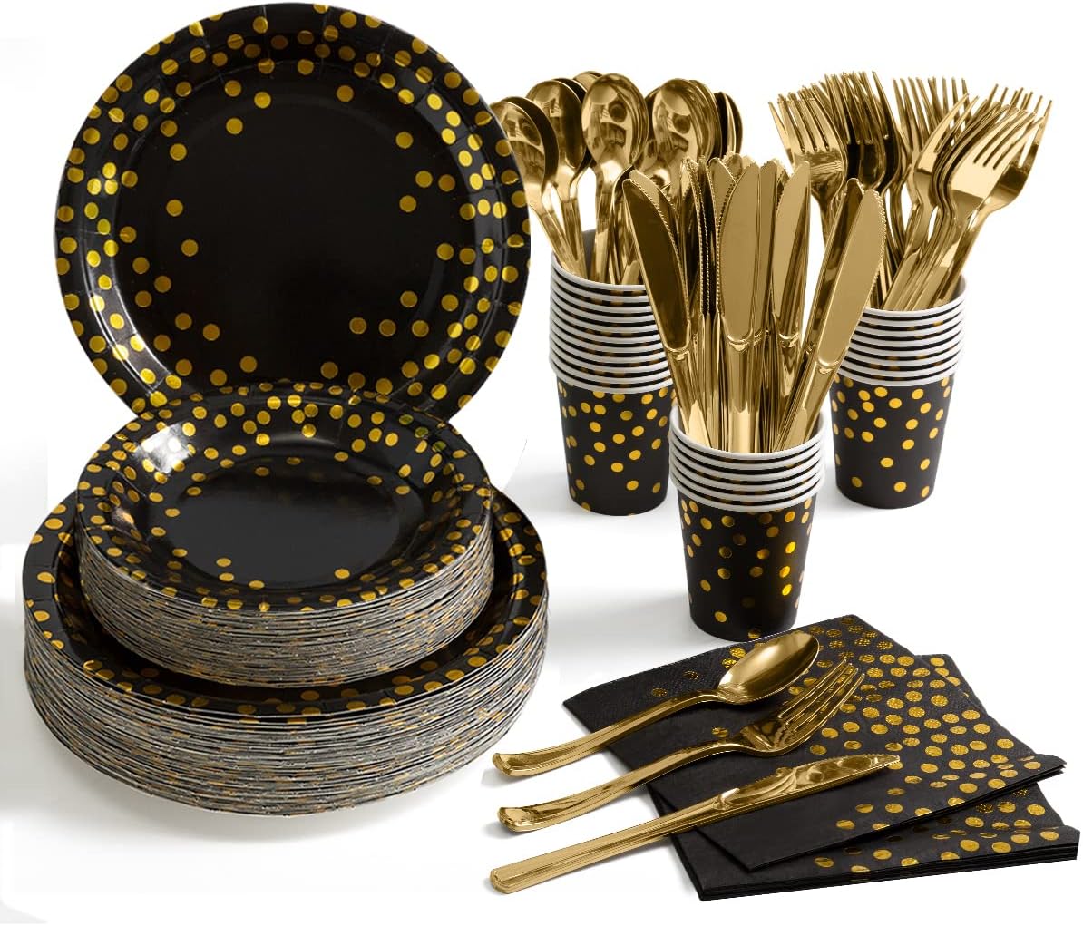 HOMIX 350 Pcs Black and Gold Plates and Napkins Party Supplies, Serves 50 Disposable Paper Plates, Napkins, Cups, Silverwares for Black and Gold Retirement Graduation Party Decorations
