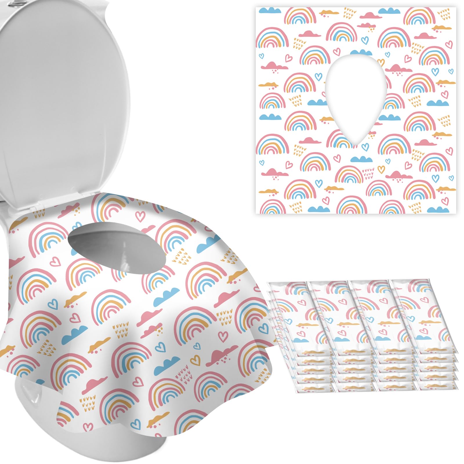 Sundee 24019 Rainbow(Pink) 20Pcs Xl Toilet Seat Covers Disposable, Safe No-Slip Waterproof For Kids Toddlers Use In Potty Training Public Restrooms Toilets, Individually Wrapped Portable Covers For Adults Travel -Rainbow