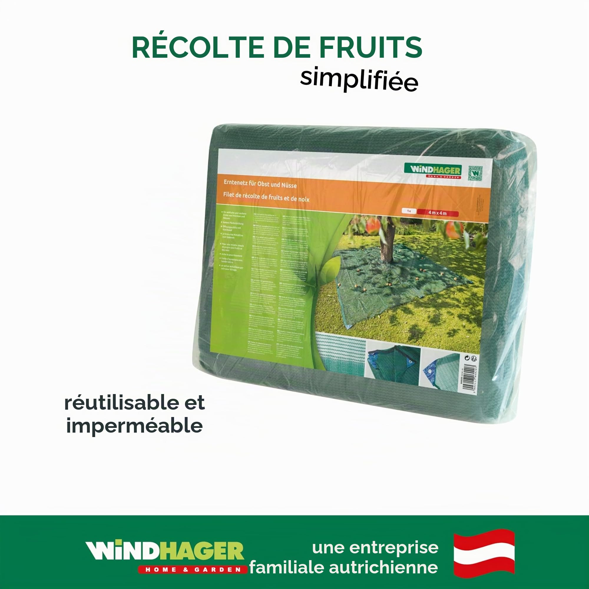 Windhager Filet de récolte pour Arbres fruitiers 4x4 m, Filet Anti-Oiseaux et Protection Fruits pour Pommier, Poirier et Cerisier, Filet de Jardin résistant et réutilisable, Couleur Verte, 06020