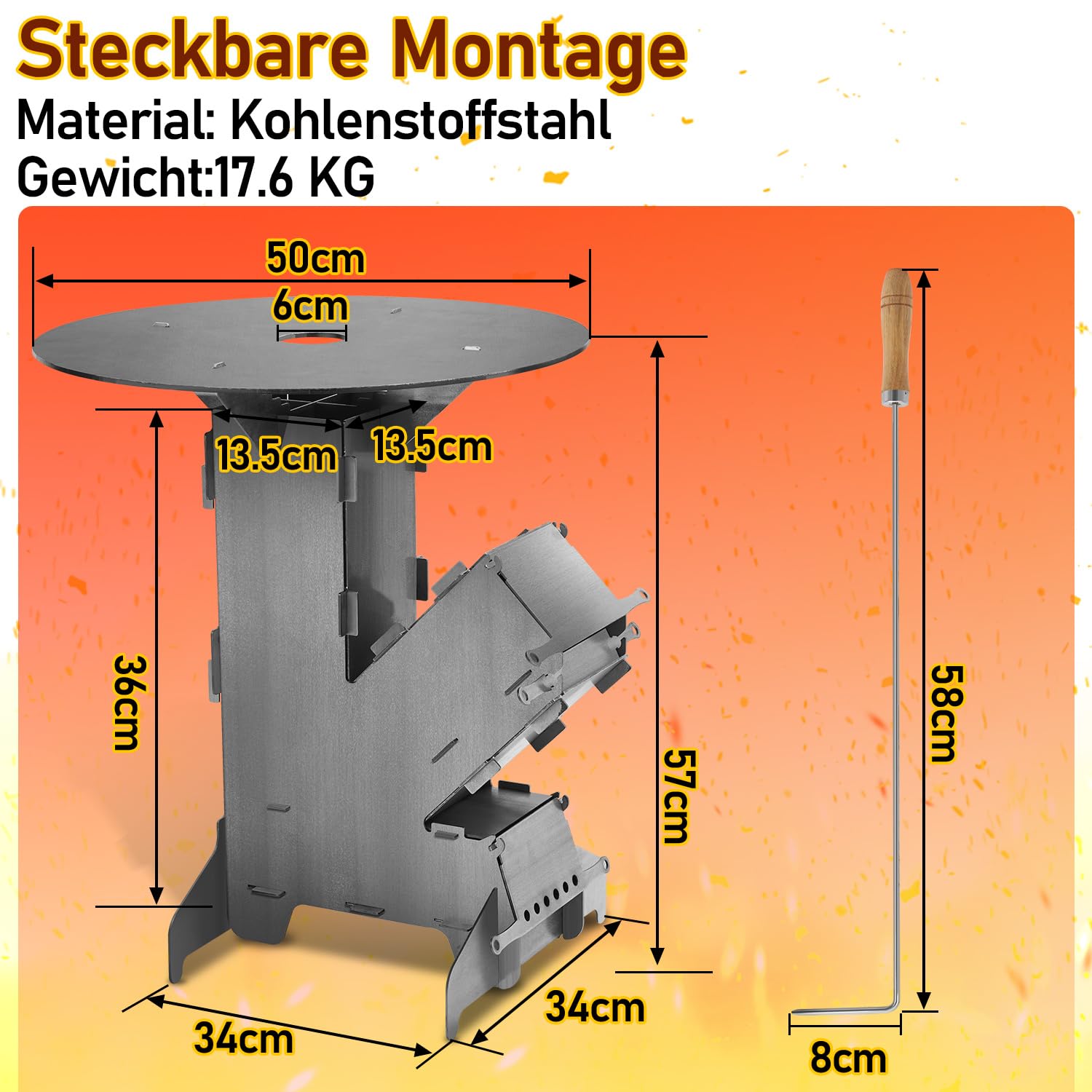 Raketenofen mit Grillplatte groß 5mm, Rocket Stove aus massivem 3 mm dickem Stahl，Holzofen mit Feuerhaken und 2 zusätzlichen Standfüßen，Kanonenofen Stecksystem，Outdoor für Camping, BBQ, Dutch Oven