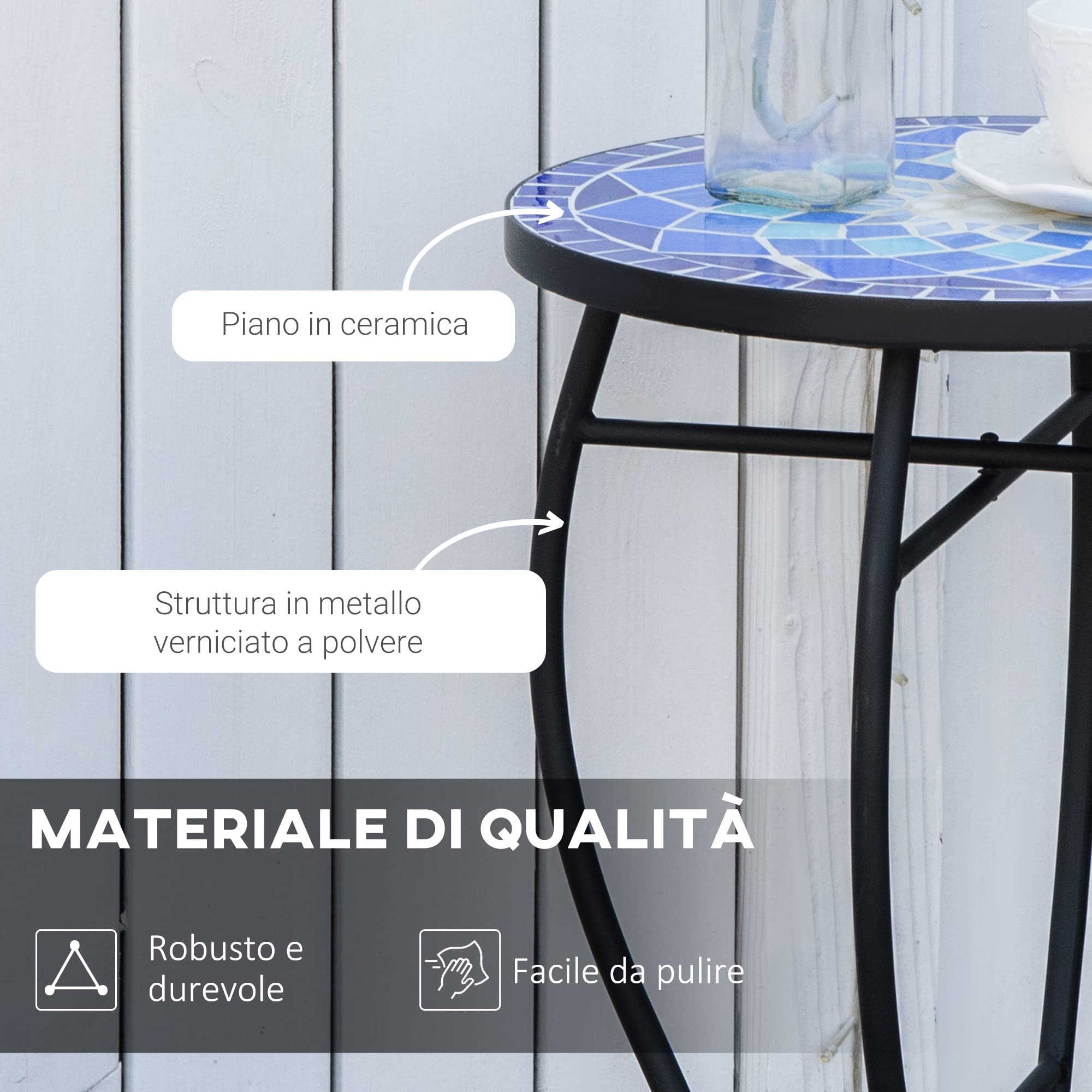 Outsunny Tavolino da Giardino Rotondo in Metallo con Piano in Ceramica, Design a Mosaico, 35.5x53.5cm, Blu e Bianco