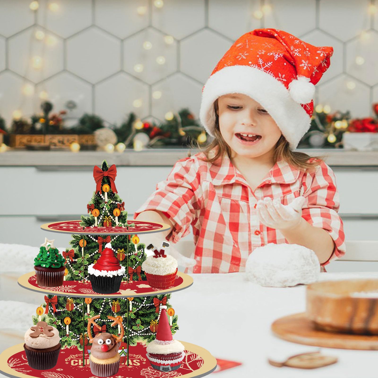 Gwhole Alzata Per Torte In Cartone Di Natale Espositore Di Cupcake Di Carta Con Motivi Di Natale Uno Scaffale Di Torta Di Carta Natalizia A Tre Strati Decorazione Natalizia
