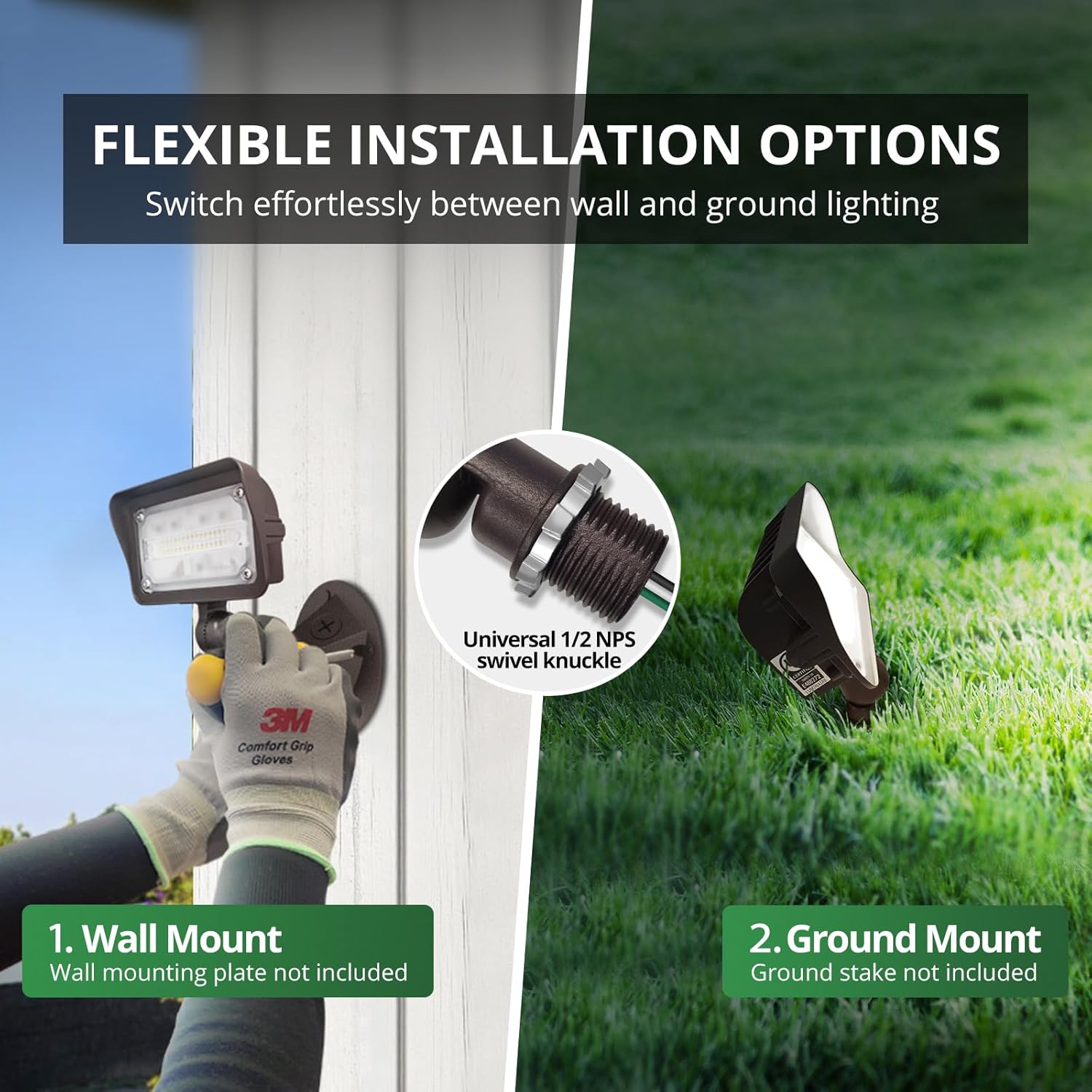 GKOLED 25W LED Flood Lights Outdoor, Dusk to Dawn Security Light, with Anti-Glare Guard, 120V 5000K 2750LM Waterproof Landscape Lighting, Aluminum, 1/2" Knuckle Mount, 2 Pack, UL Listed