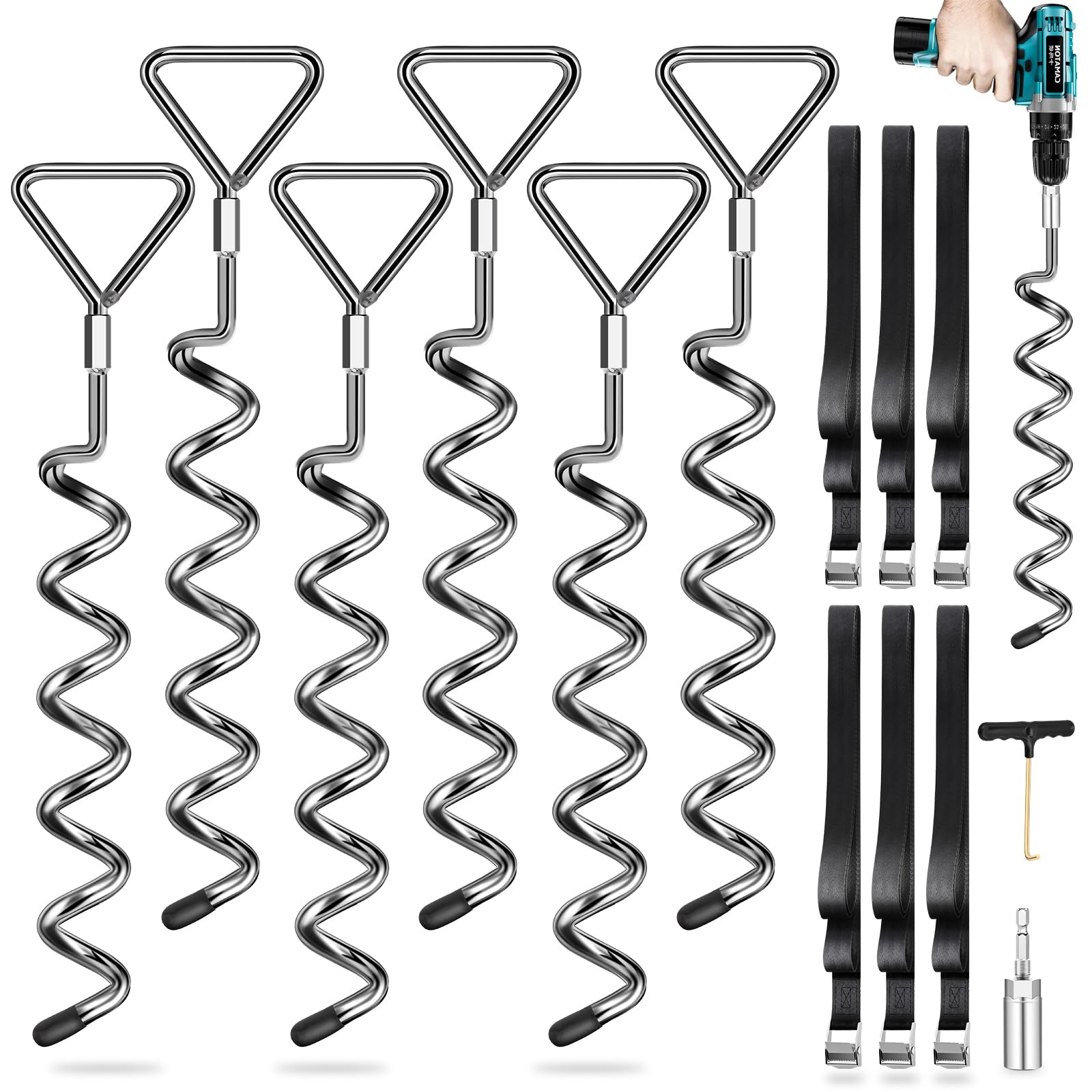 Bodenankern 6 Pack mit Spanngurten (2,5 m lang), Bodenanker mit Bohrmaschine in den Boden Schrauben, hält starken Winden Stand, ideal für Outdoor-Trampoline