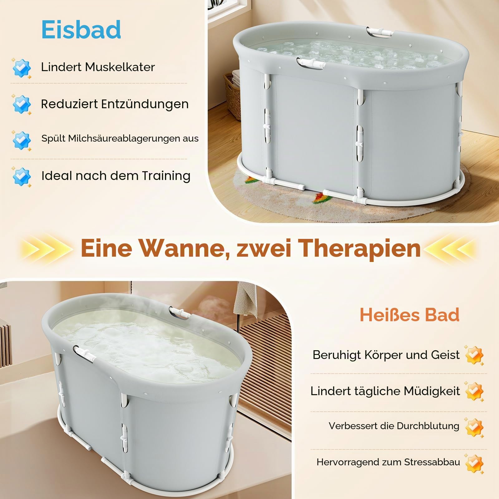 Faltbare Tragbare Badewanne für Dusche, Faltbare Badewanne für Erwachsene und Kinder,Freistehende Badewanne für Heißes Bad und Eisbad ((Ovale Klappbadewanne))