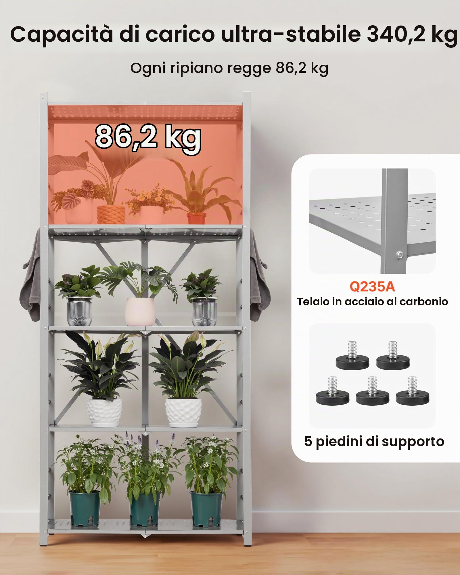 VEVOR Scaffale Portaoggetti Pieghevole a 5 Ripiani con Ruote, 360 x 810 x 1830 mm, Scaffale in Metallo Pieghevole, Robusto Resistente Senza Montaggio, per Garage, Cucina, Cantina Grigio