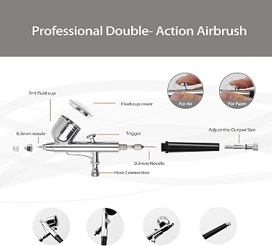 Timbertech Airbrush Kit With Compressor AS-186K With Airbrush Gun, Air Hose, Cleaning brush & Paints for hobby, graphic and so on