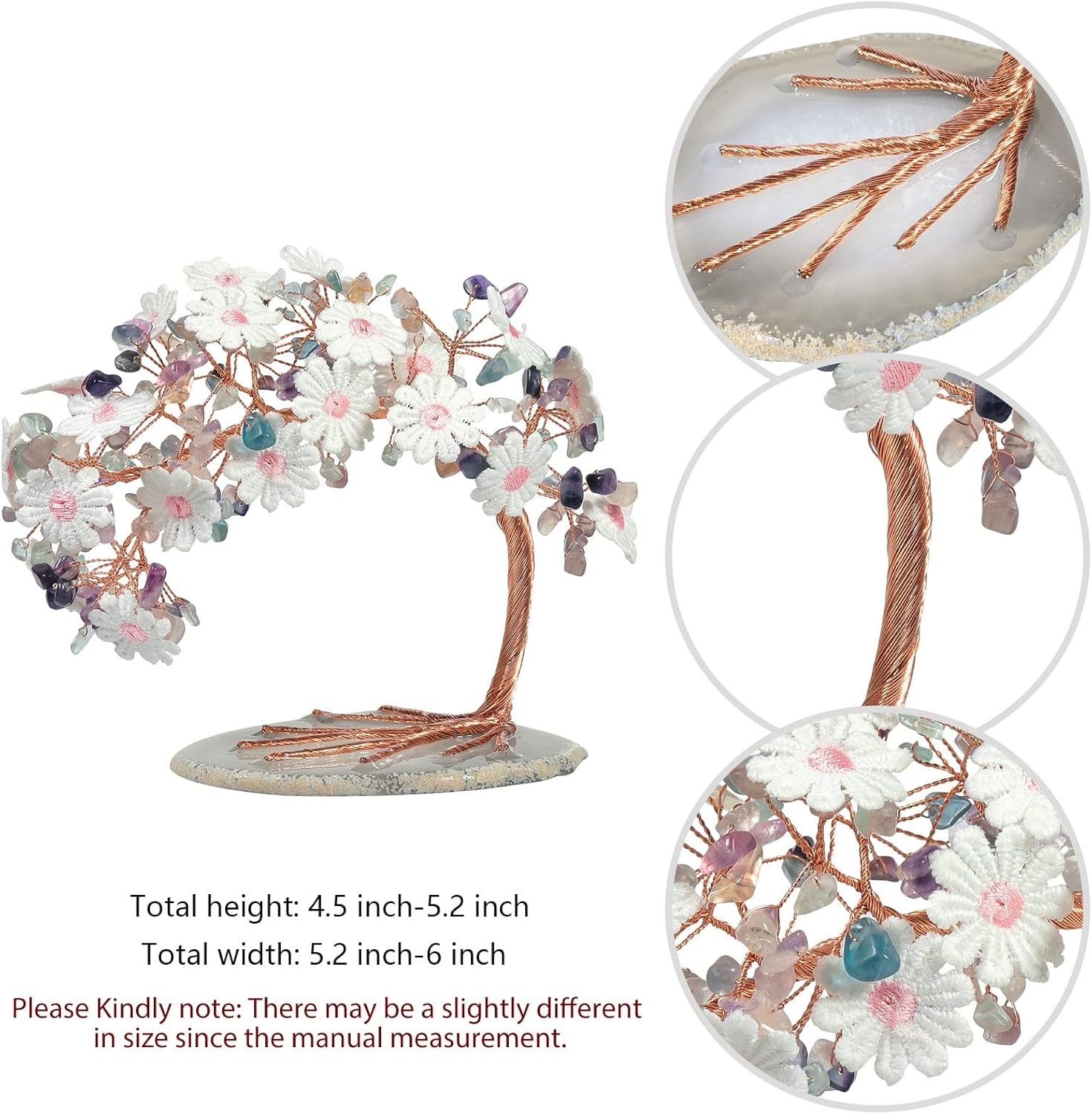 mookaitedecor Natural Fluorite Crystal Tree with Agate Slice Base, Embroidered Lace Floral Money Tree for Home Office Desk Decoration, 4.5-5.2 Inch High