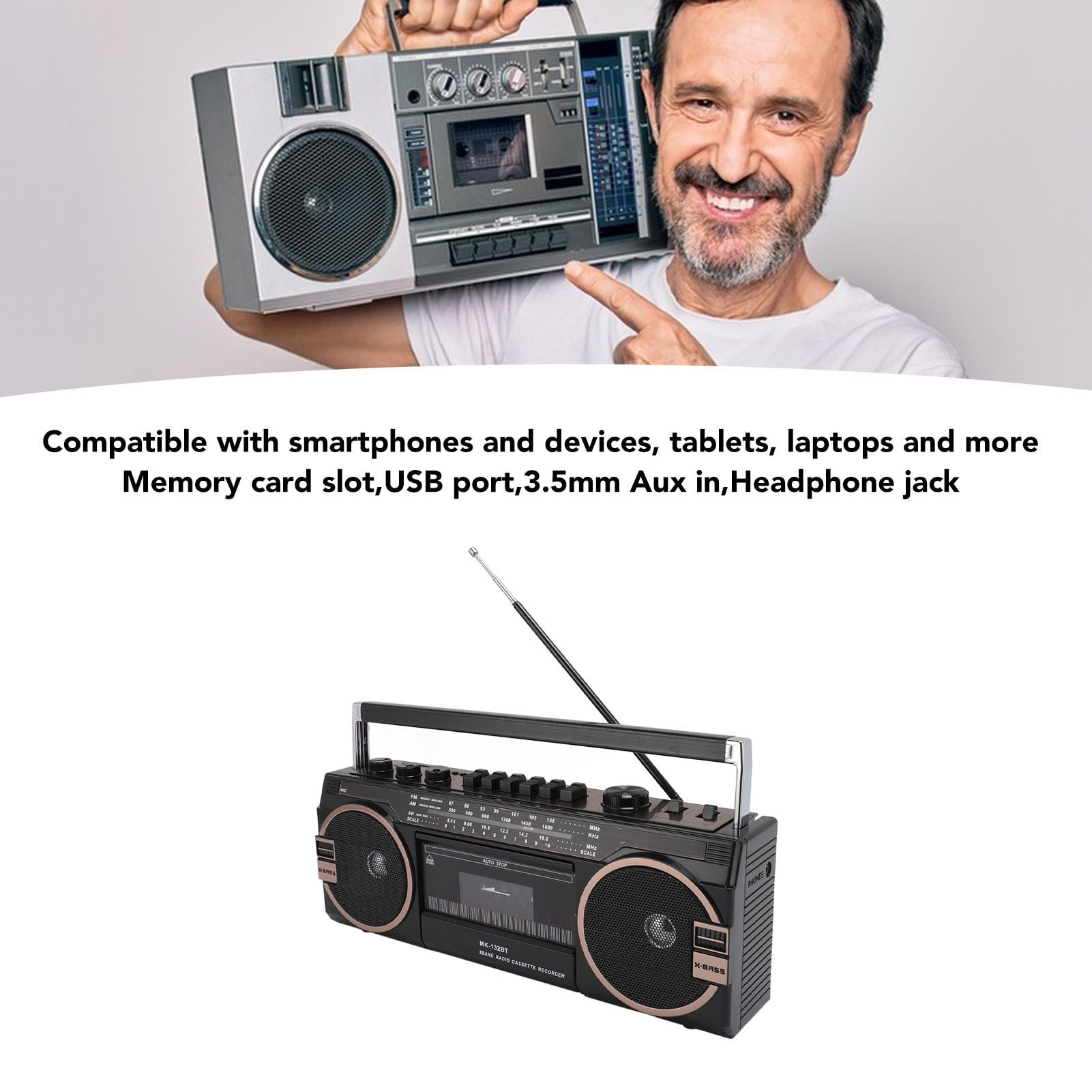Boombox à Cassette, Boombox Rétro Blueooth avec Entrée USB, SD et AUX 3,5 Mm, Lecteur et Enregistreur de Cassettes AM FM SW (Black)