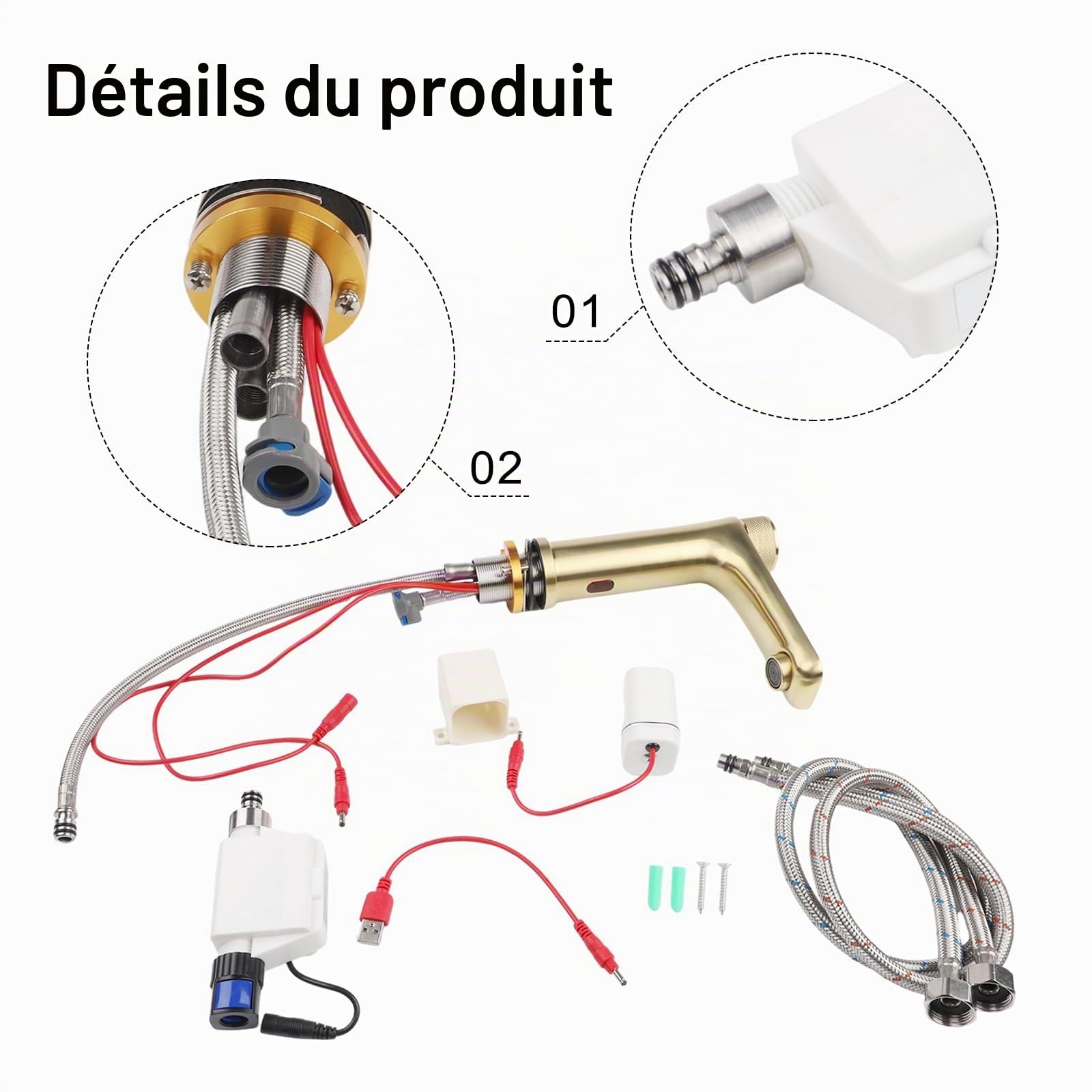 Robinet automatique à capteur infrarouge en acier inoxydable, contrôle de la température, robinet d'évier de salle de bain, mitigeur de lavabo moderne (doré)