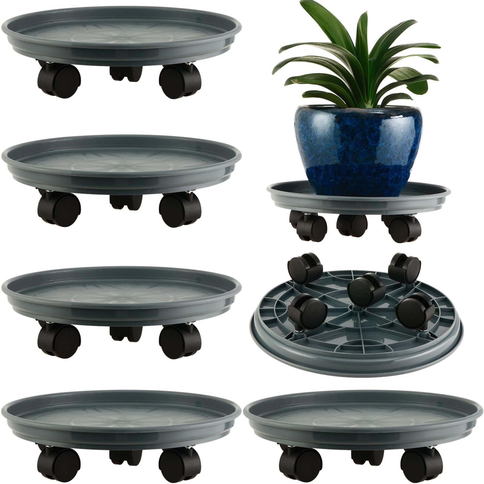 5 Packs Extra-large Plant Caddy with Wheels 15" Rolling Plant Stands Heavy-duty Plant Dolly Plastic Planter Roller Base Pot Movers Plant Saucer on Wheels Indoor Outdoor Plant Tray Coaster, Matte Grey