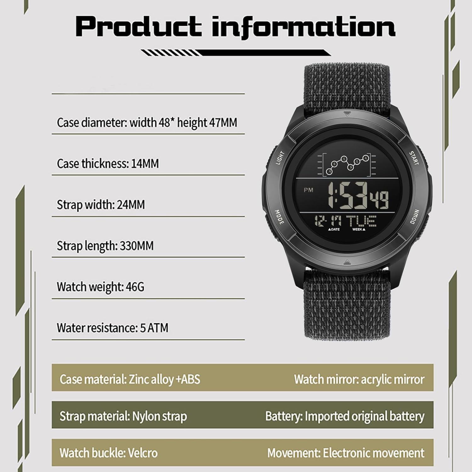 findtime Mens Digital Watch with Nylon Strap Red Sports Wrist Watches for Men Women with Countdown LED Day Date Dual Time Display Alarm Stopwatch - Image 7