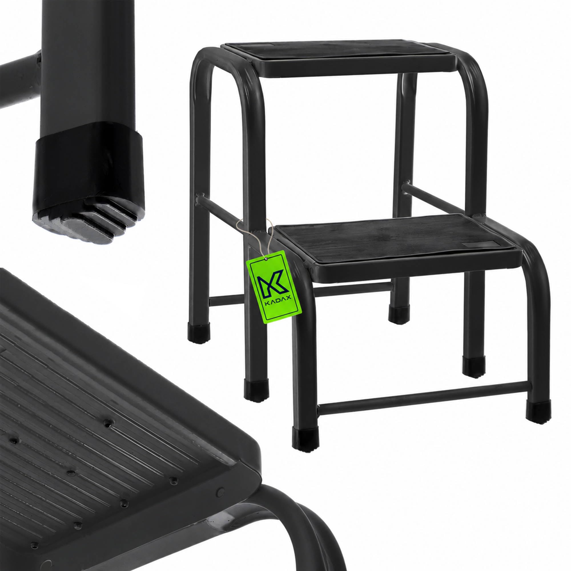 KADAX Taburete de acero, escalera doméstica de hasta 150 kg, taburete de transporte con patas antideslizantes, escalera doméstica, taburete de aluminio (2 niveles)