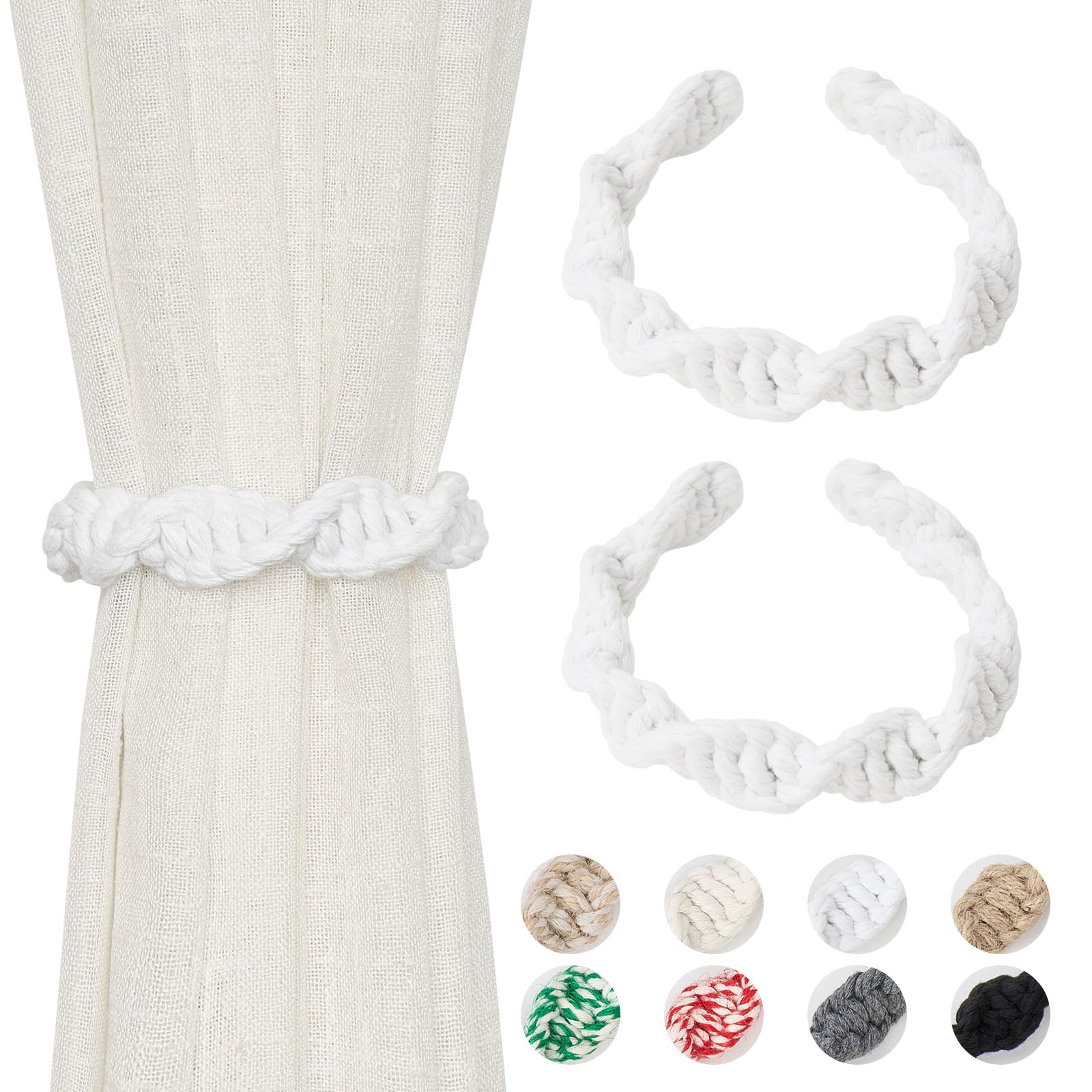 NICEEC 2 Pack Natural Cotton Rope Curtain Tiebacks Farmhouse Rustic Style Decorative Drape Tie Backs Spiral Braided Curtain Holdbacks for Home & Office Sheer/Light Weight Drapery (C-White)