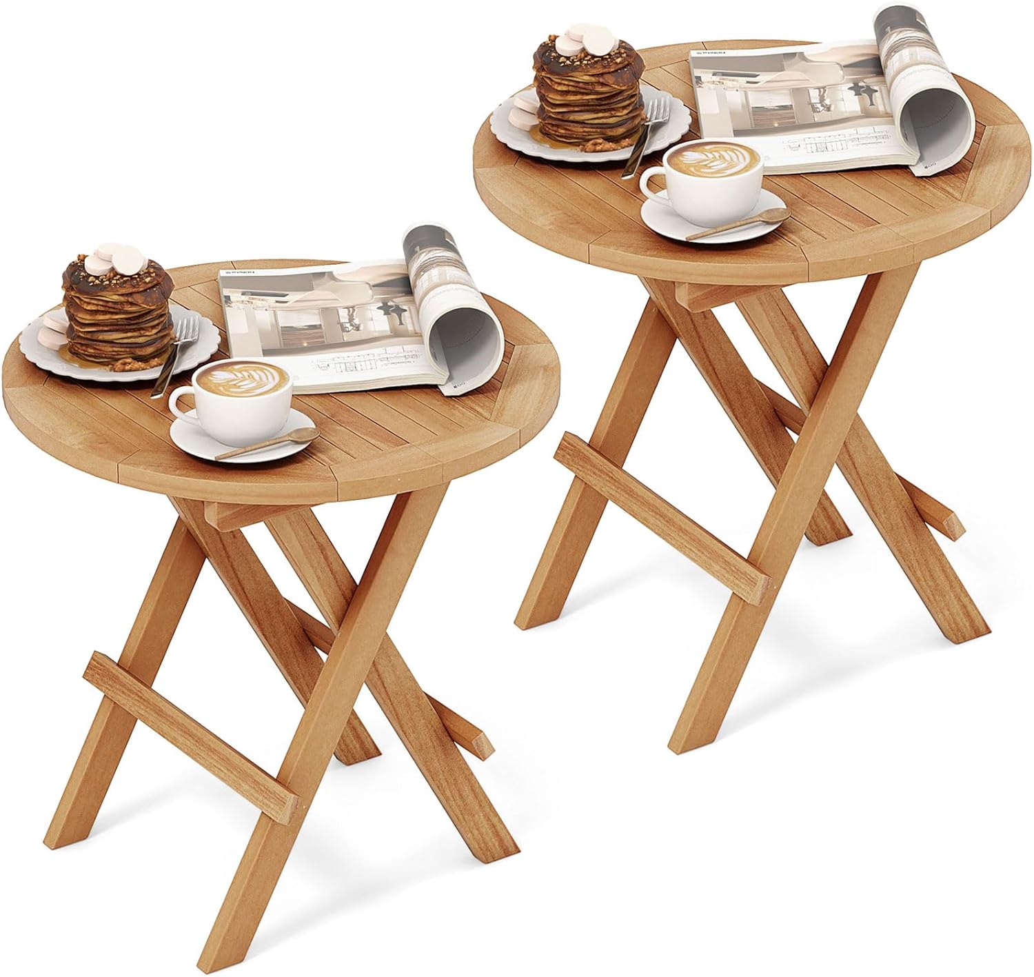 RELAX4LIFE Folding Outdoor Side Table - Set of 2 Teak Wood End Table, Round Coffee Bistro Table w/Slatted Tabletop, Portable Picnic Camp Table for Poolside Porch Garden, Foldable Small Patio Table