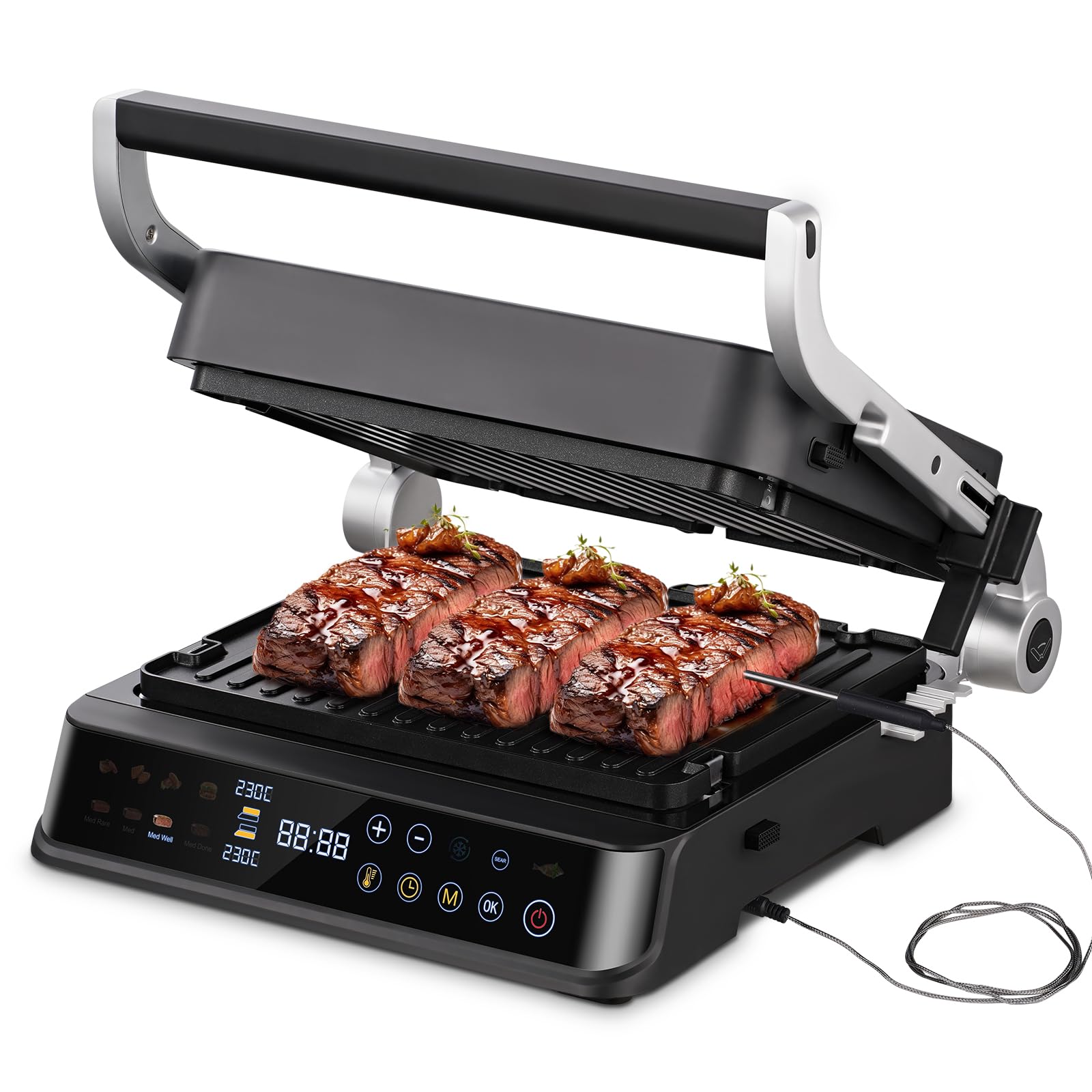 AMAZHEF Griglia Elettrica Multifunzione 6 in 1 con Sensore di Temperatura, Funzione Sear 280°C, Doppio Termostato Indipendente, Piastre Lavabili in Lavastoviglie, Waffeliera, Barbecue, Panini