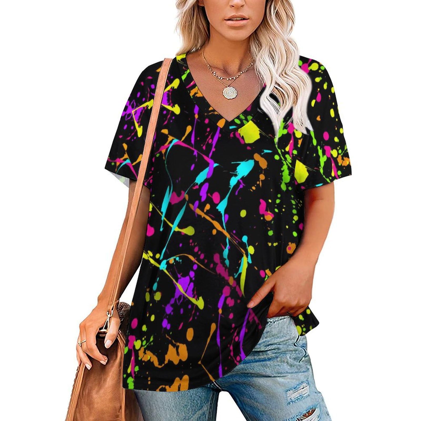 FJQWKLF Glow in Dark Splatter Neon Women's Tops,V Neck T Shirts Tops Shirts Loose Ruffle Short Sleeve Shirts Gift