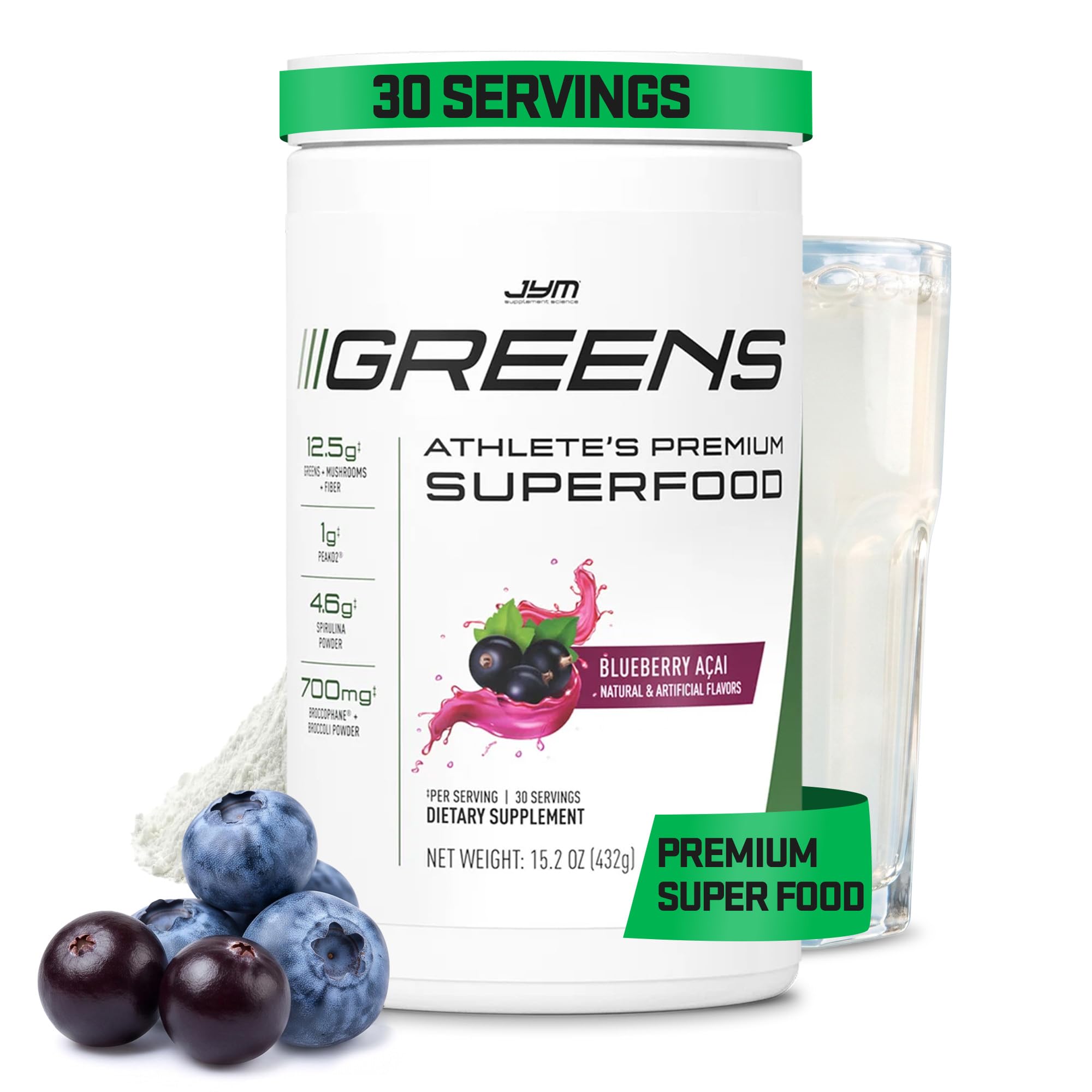 JYM Greens Powder Supplement w/Organic Spirulina - Blueberry Acai, 15.2 Oz
