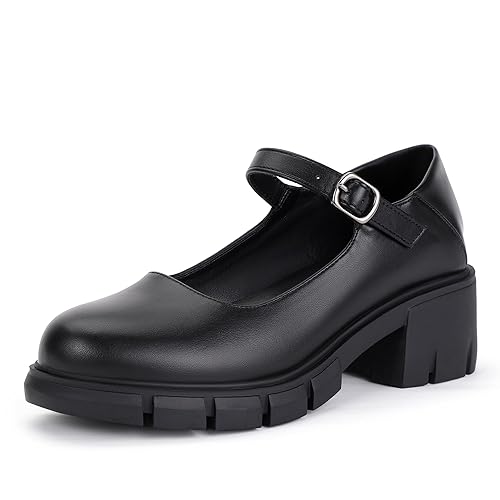 IDIFU IN2 Platform Mary Janes Shoes Closed Round Toe Low Short Block Chunky Thick Heels Wedding Prom Formal Work Graduation Dress Shoes for Women Comfortable Cute Vintage Oxfords Uniform Dressy Pumps