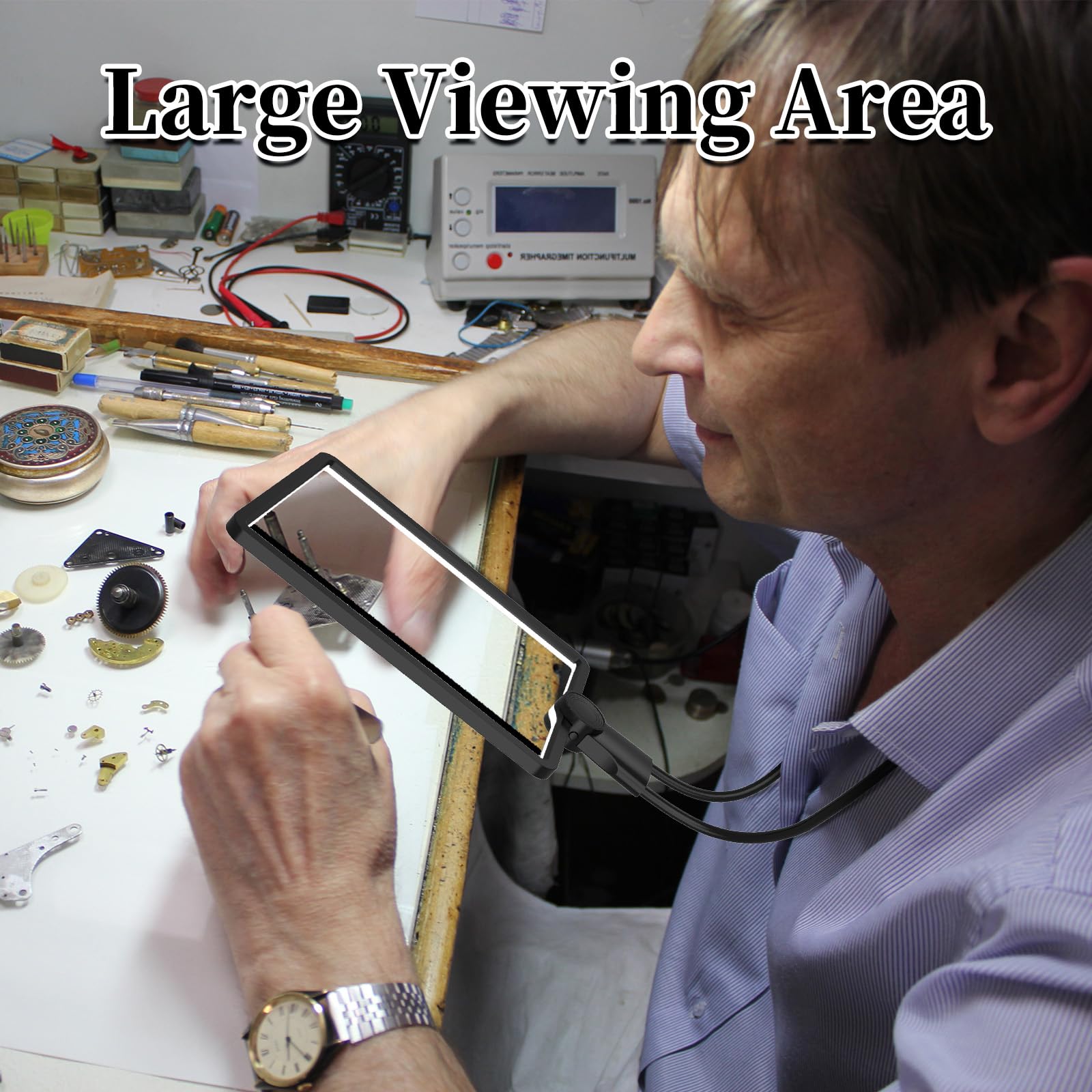 Hands Free 9.4"x6.7" Full-Page 5X Magnifying Glass for Reading, Large Lighted Magnifier with 50 LED Lights, Flexible Gooseneck Magnifier for Neck Wear Repair Sewing Low Vision Elderly - Image 3