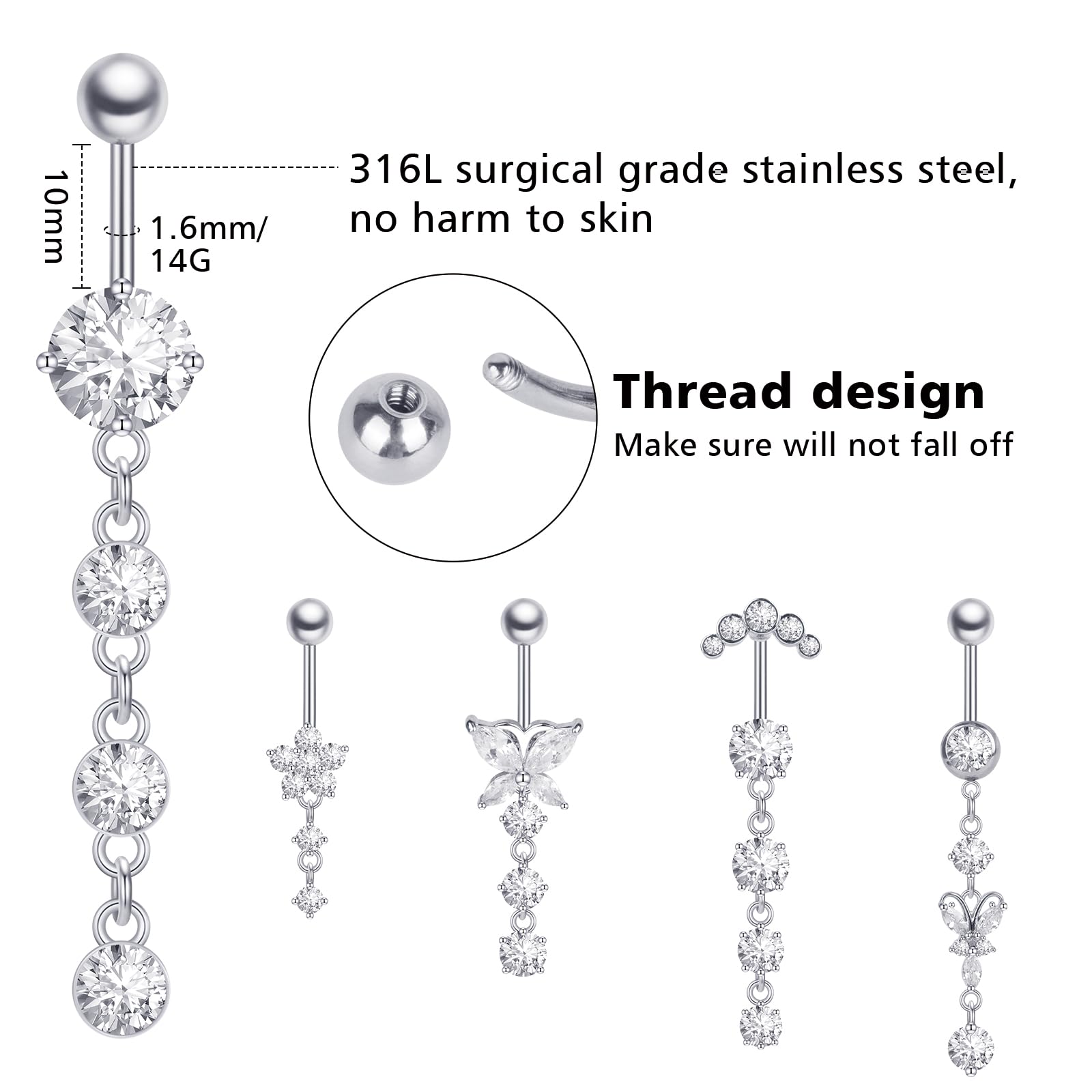Piercing Ombligo Acero Quirurgico Barra Larga 5 Piezas Acero Inoxidable Piercing Ombligo Colgante 12MM 10MM piercing de ombligo de Plátano para Mujeres Niñas