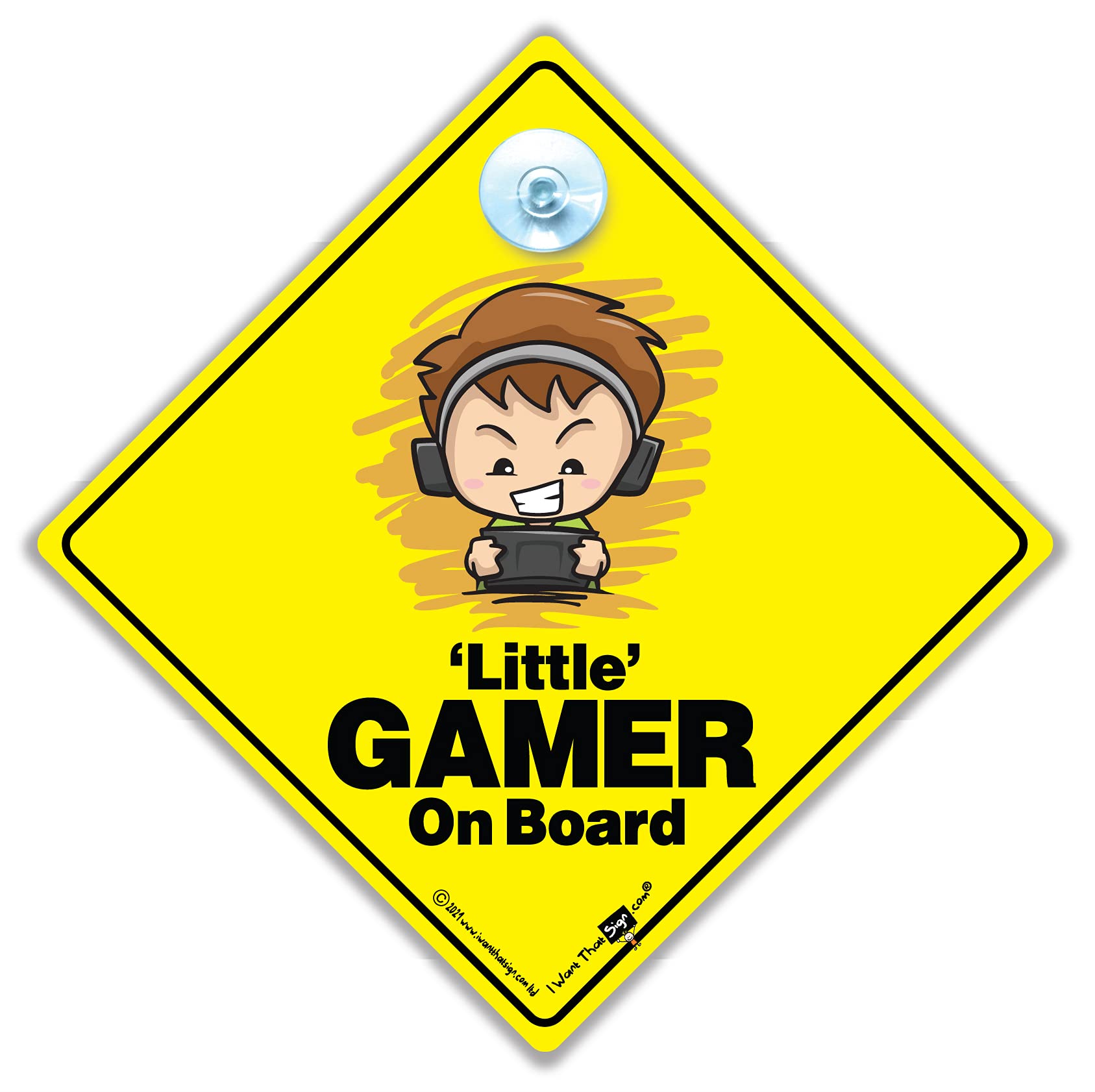 Little GAMER on Board Car Sign, Baby On Board Sign Style Suction Cup Car Sign For GAMERS in Yellow And Black 14cm x 14cm