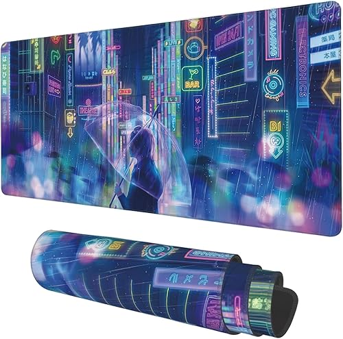 Neon City Rainy Night - Alfombrilla de mouse extendida para juegos, grande, 35.4 x 15.7 pulgadas, base antideslizante y borde cosido, alfombrilla