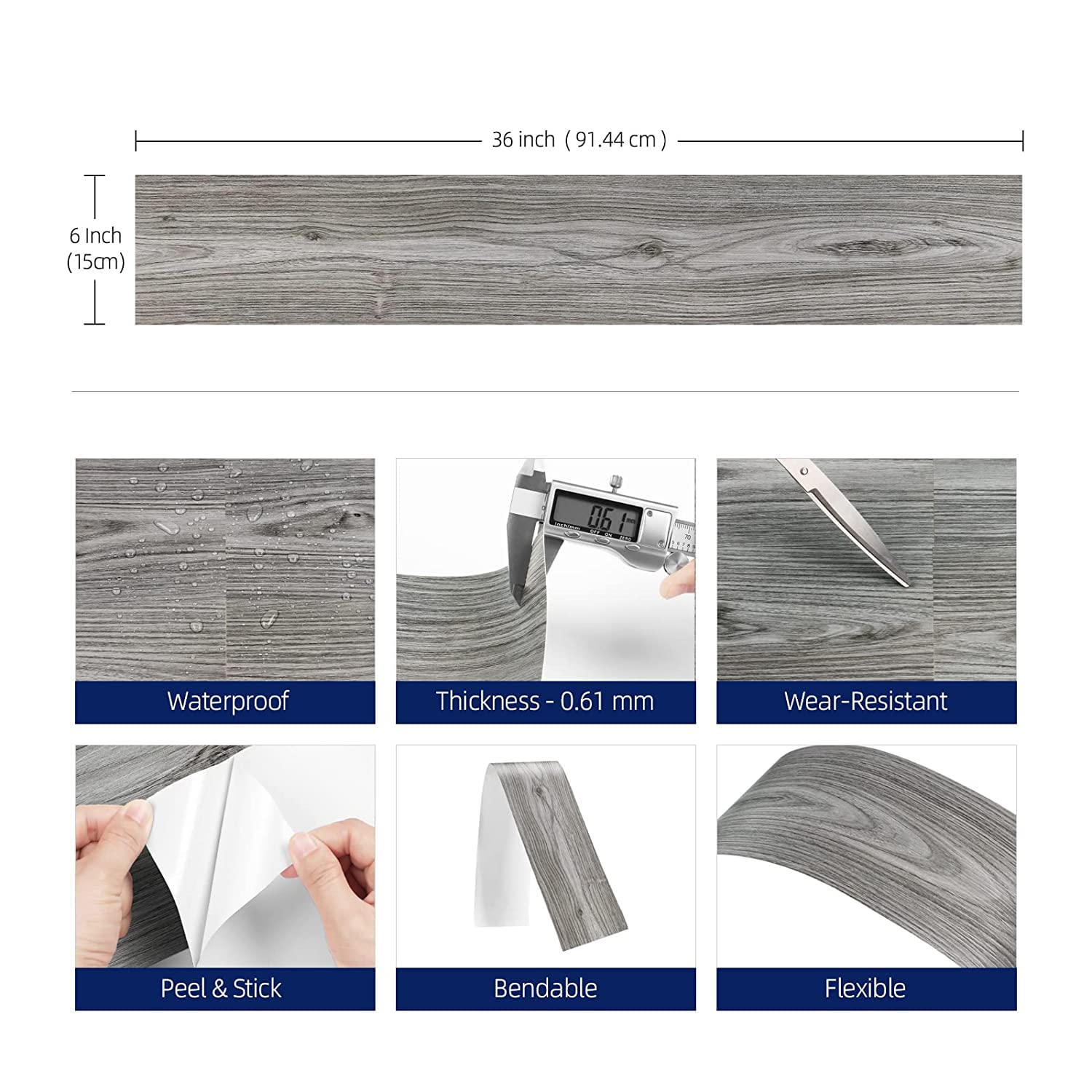 FunStick 90CM×15CM 30 Piastrelle Adesive Cucina Soggiorno Effetto Legno Grigio Piastrelle per Interno Pavimento PVC Autoadesivo Bagno Grigio Lavabile Linoleum Pavimento Rotolo Adesivo Mattonelle