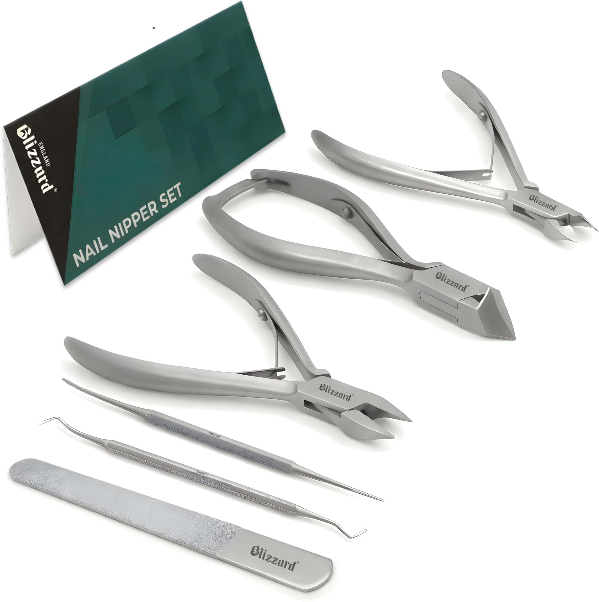 Podiatry Tool Kit by Blizzard – 5 Piece Set with Concave Arrow and Flame Toenail Nippers, Blacks File and Probe - German Forged Instruments - Hospital Grade