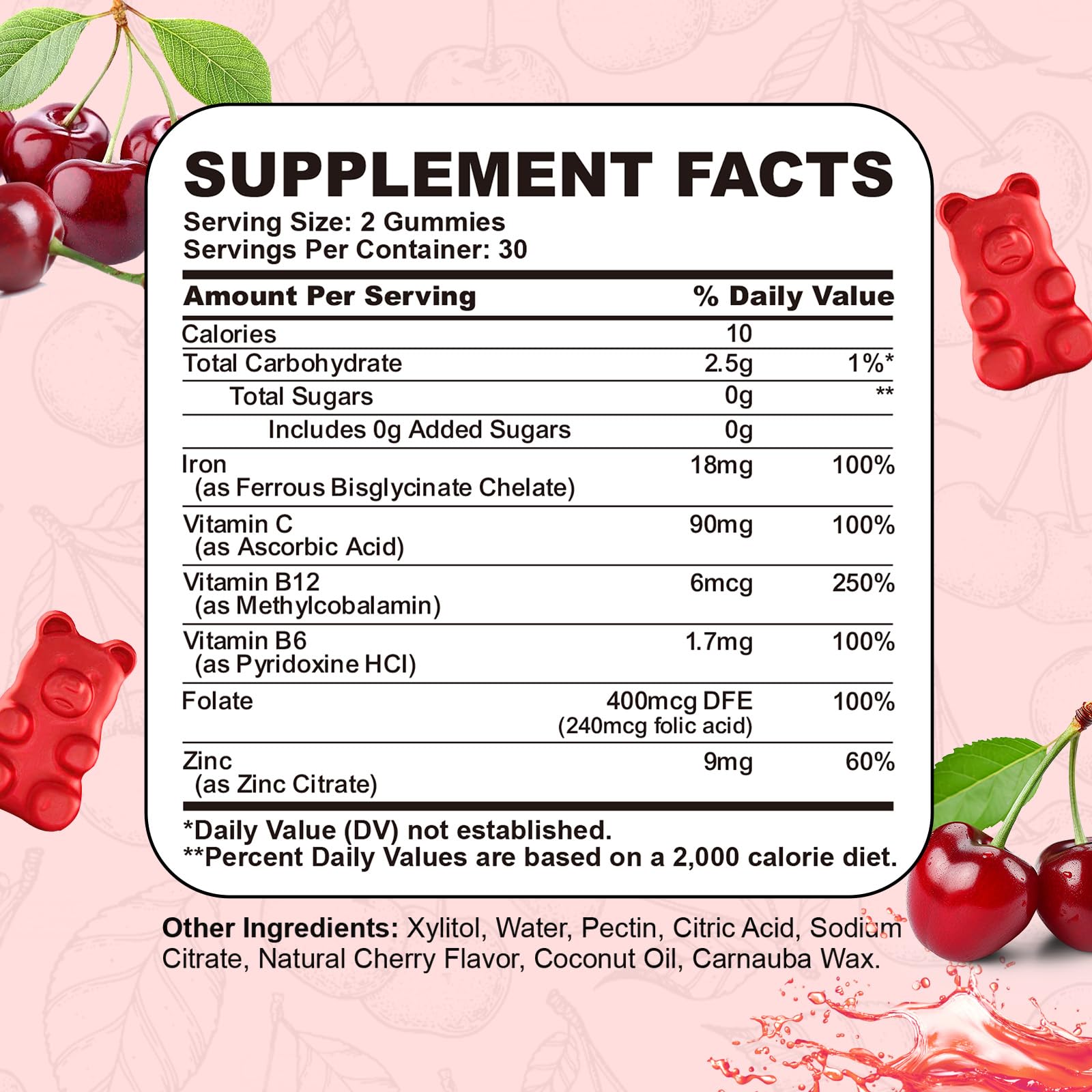 Iron Supplement for Women & Men Gummies, Multivitamin Blood Builder Iron Supplement with Folate Vitamin C B12 B6 Zinc for Adults & Kids - Energy Support - Cherry Flavor, Vegan 60 Gummies — Amazon image 6