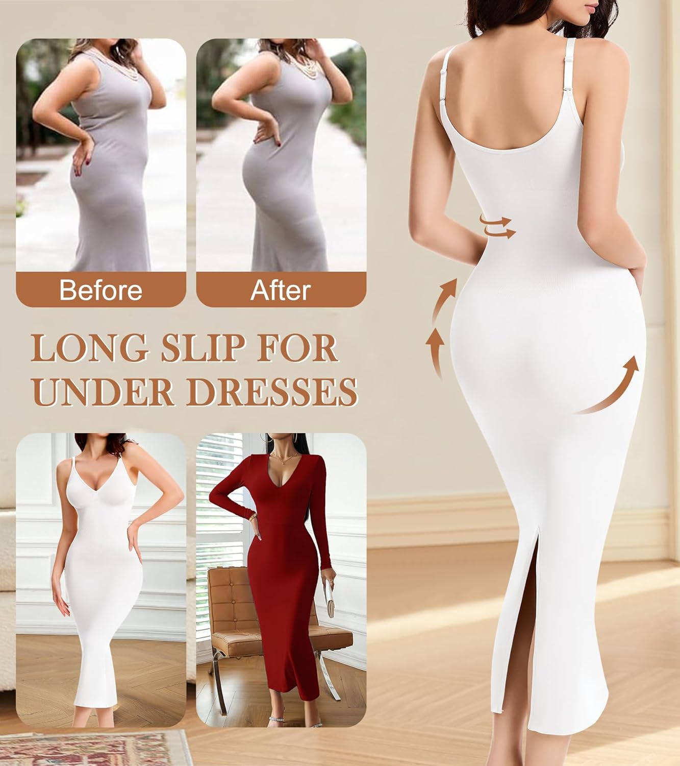 Shapewear Slips for Under Dresses Full Slip Dress for Women Tummy Control Seamless Body Shaper V Neck Slip - Image 3